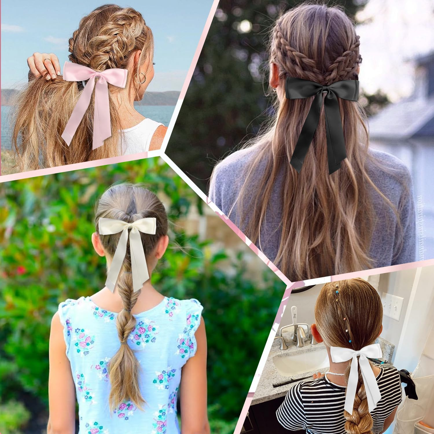 IGXX 4PCS Hair Bows, Satin Bow Hair Clips with Metal Clips, Hair Accessories for Women & Girls (White Black Pink Beige) image number 1