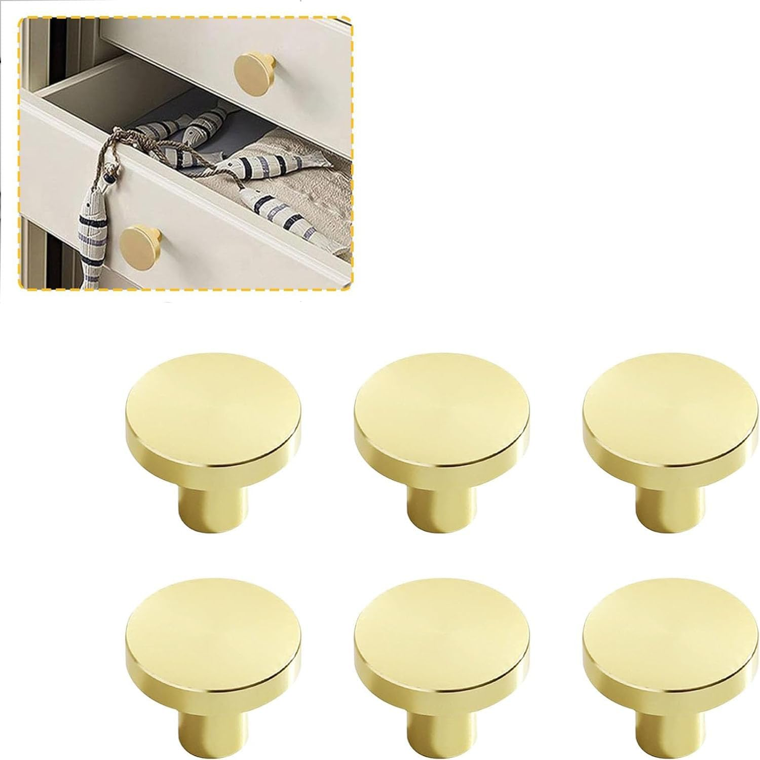 6 Pcs Gold Cabinet Knobs, round Kitchen Cabinet Pulls, Furniture Door Hardware Handles for Chest of Drawers Cupboard Dresser Wardrobe Closet, Brushed Copper Cabinet Hardware, Gold Handles image number 1
