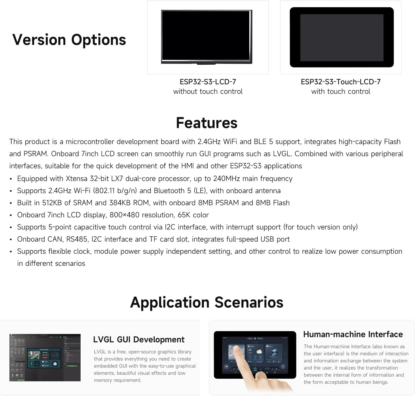 Waveshare ESP32-S3 7Inch Capacitive Touch LCD Development Board, ESP32 with Display, 800&times;480, 5-Point Touch, up to 240Mhz Frequency, Supports Wi-F & Blue-T, with Onboard An-Tenna image number 2