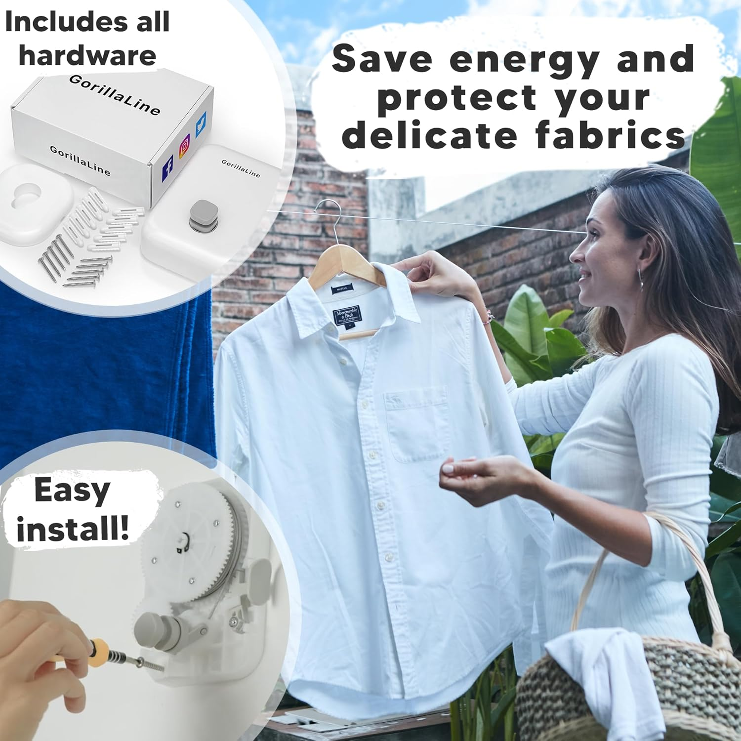 Gorillaline - Retractable Clothesline Indoor Outdoor Clothes Line | Heavy Duty Clothes Drying Laundry Line | Wall Mounted Drying Rack Clothing Line | Retracting Hanging | Lock to Prevent Sagging image number 6