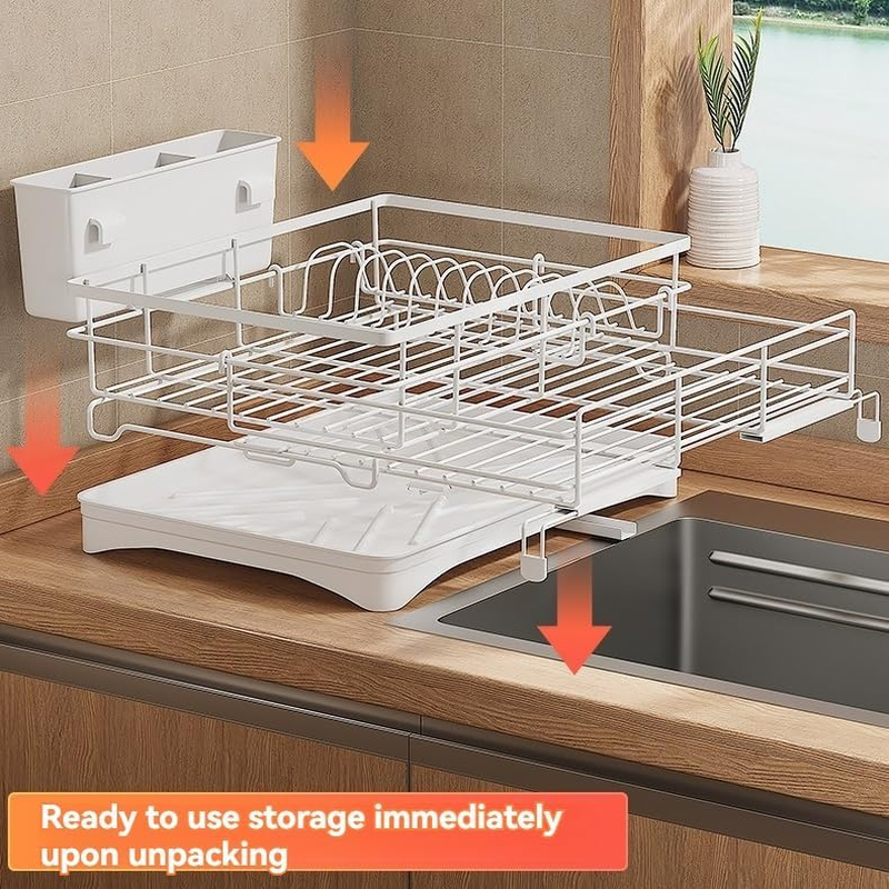 Dish Drying Rack Expandable Dish Drainers for Kitchen Counter,Over the Sink Dish Drainer Drying Rack,Rustproof Dish Drainer with Utensil Holder and Drainboard (White) image number 2