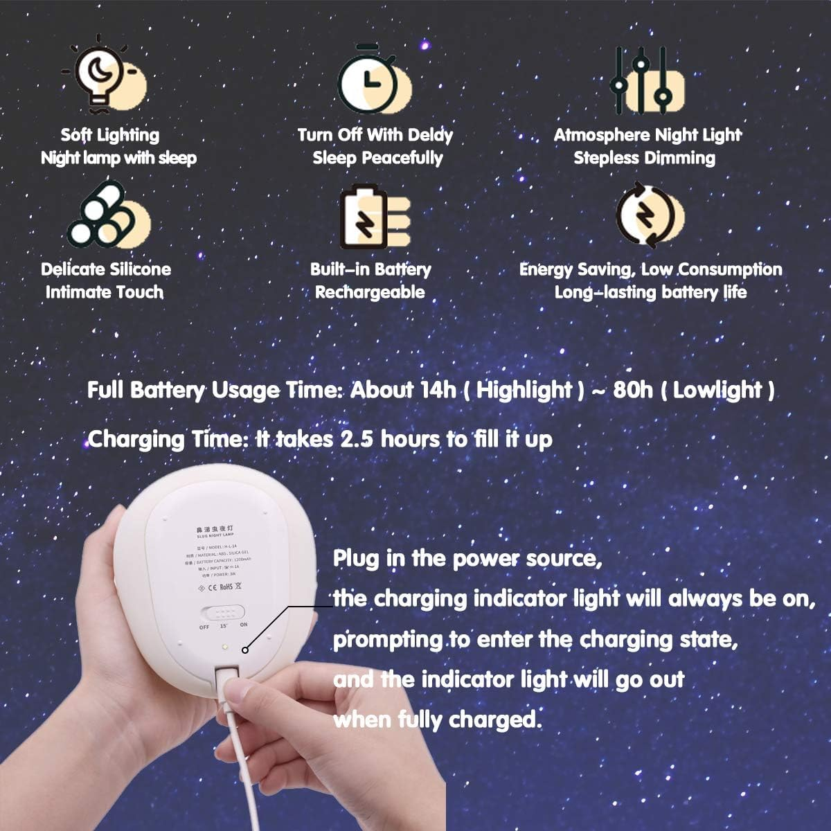 MUID Original Authentic Slug Night Light, Nursery Squishy Lamp, Silicone Light for Classroom, Cute Animal Bedside Lamp for Baby Kids Teens, Soft Light for Bedroom Breastfeeding. image number 2