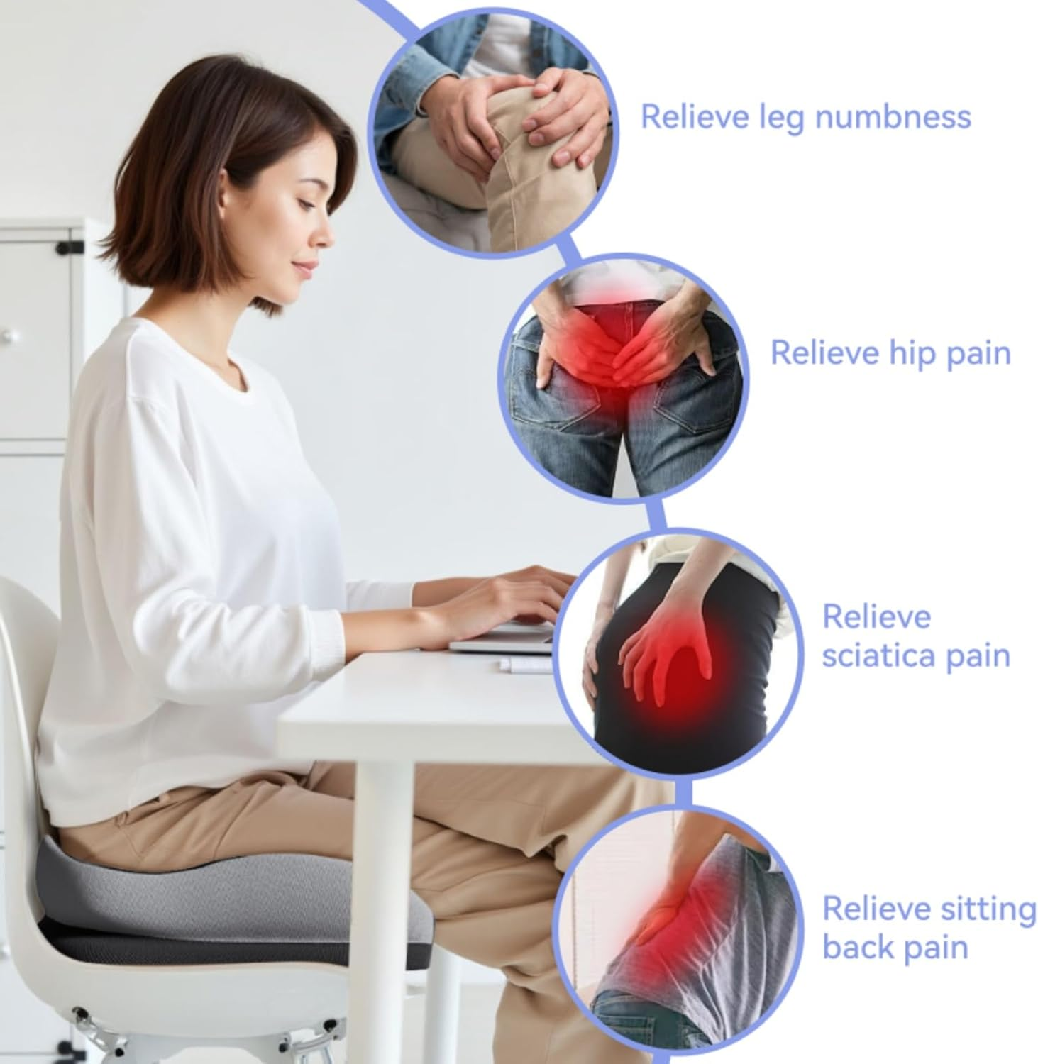 Seat Cushions for Office Chairs Wheelchair Cushion for Long Sitting Back Pain，Memory Foam Seat Car Computer Desk Chair Cushion，Coccyx Cushion for Tailbone Pain Relief Cushion Office Chair Butt Pillow - Black image number 2