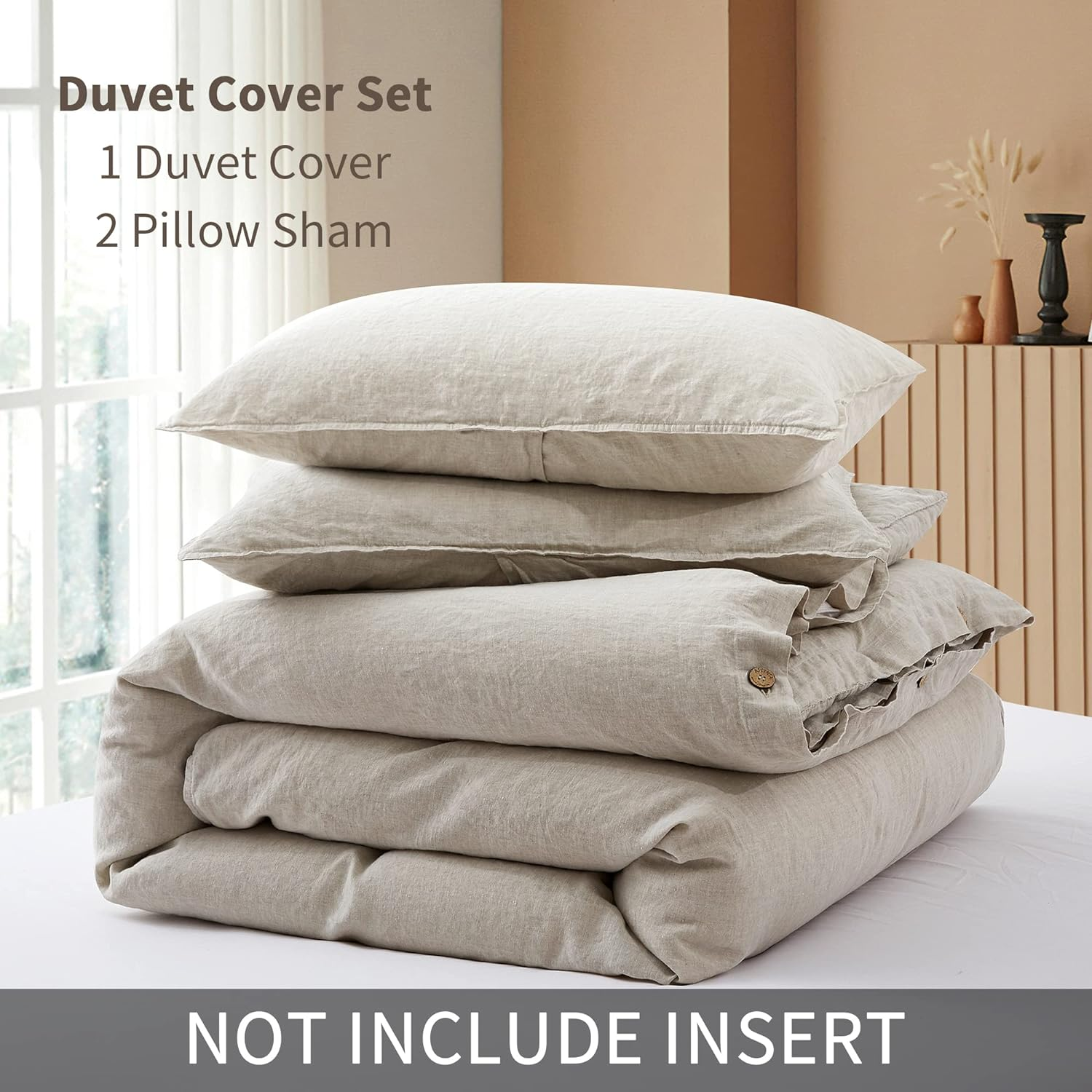 ATLINIA 100% Flax Linen Duvet Cover Set - Stone Washed Pure French Linen Organic Fabric for Boho Bedding Farmhouse Quilt Comforterset Includes 1 Duvet Cover 2 Pillow Shams(Natural, Queen)