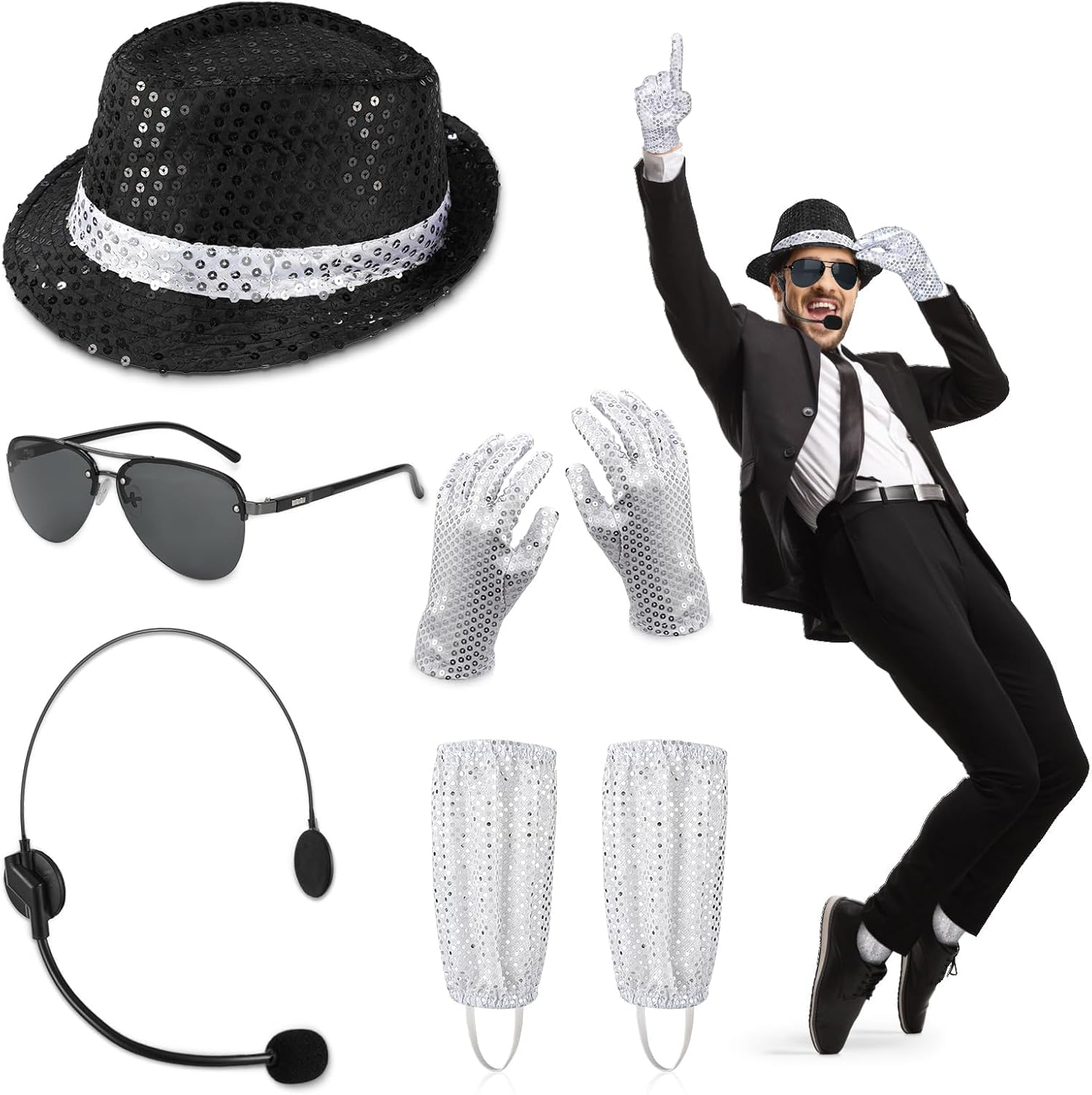 7PCS MJ Costume Accessories Adults, Disco Costume Set with Sequin Hat Head Microphone Sunglasses Sequin Gloves Silver Sock, 1980&rsquo;S Star Fancy Dress Cosplay Halloween Party Dress up Props image number 2