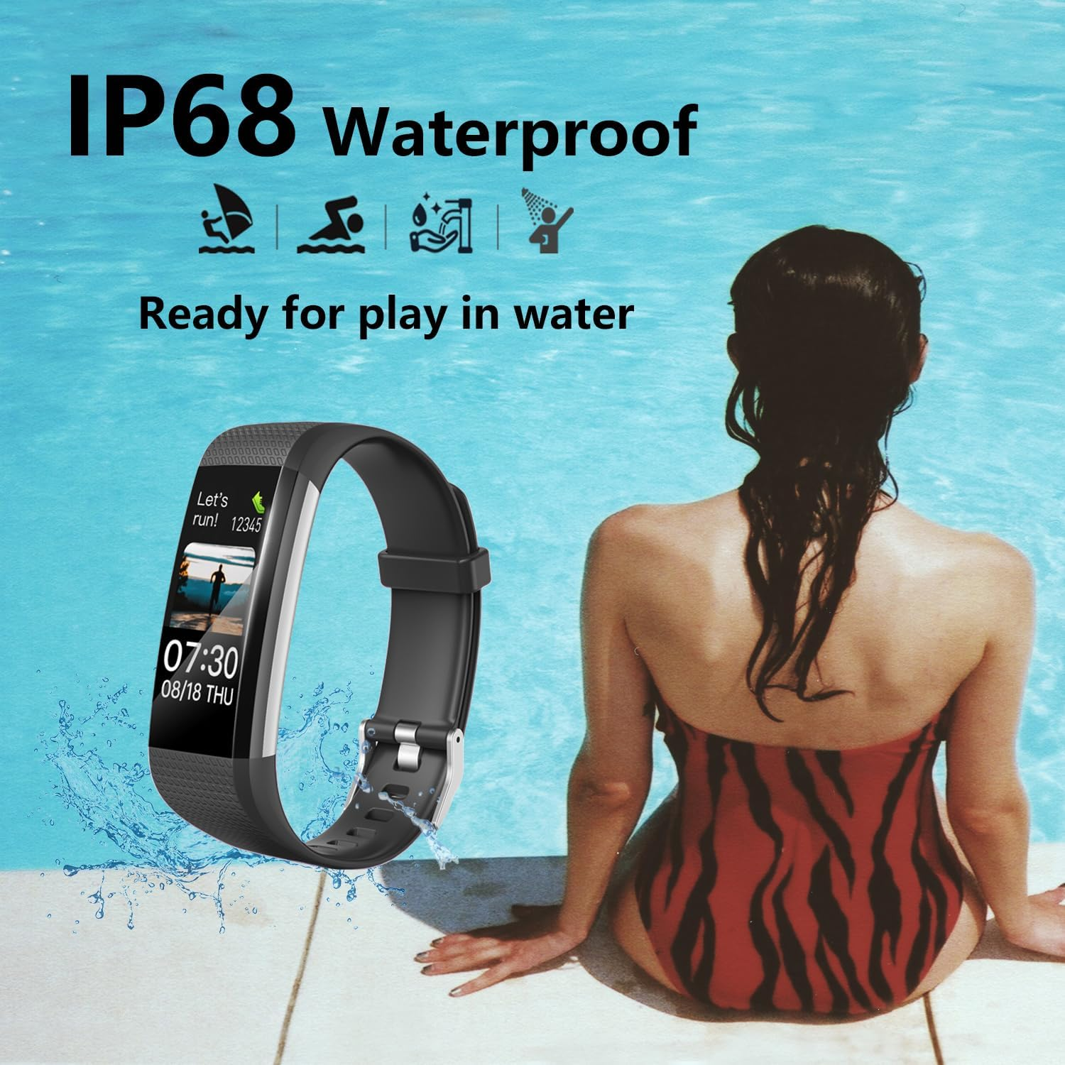 Fitness Tracker with Heart Rate Monitor, Activity Tracker Pedometer with Calorie Counter, Sleep Monitor, Smart Watch with IP68 Waterproof Sports Bracelet for Women Men (Black) - Black image number 4