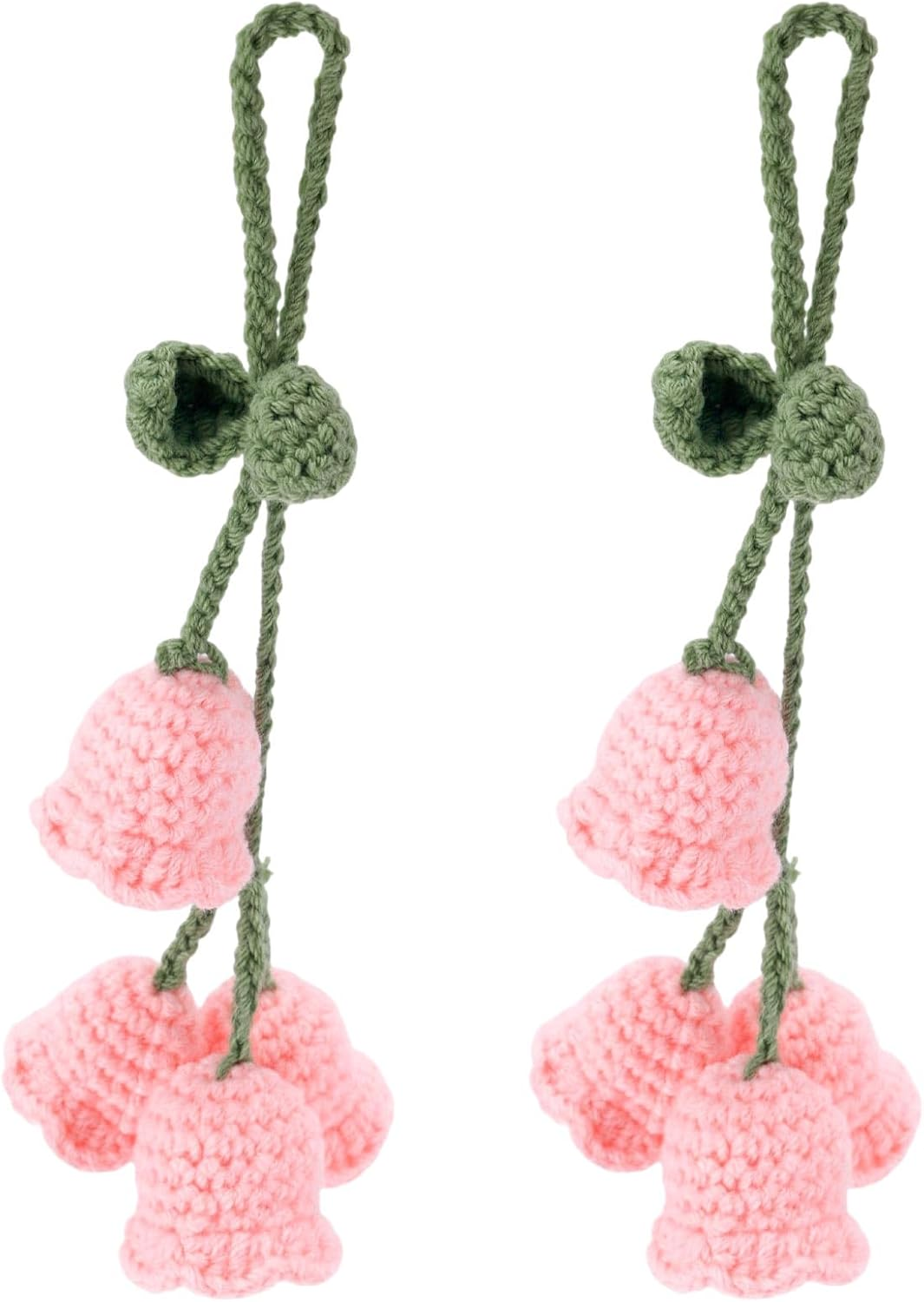 2Pcs Crochet Lily of the Valley Car Accessories, Cute Floral Rear View Mirror Hanging Decor Knitted Pendant for Women Perfect for Personalizing Your Car Interior (Pink) image number 1
