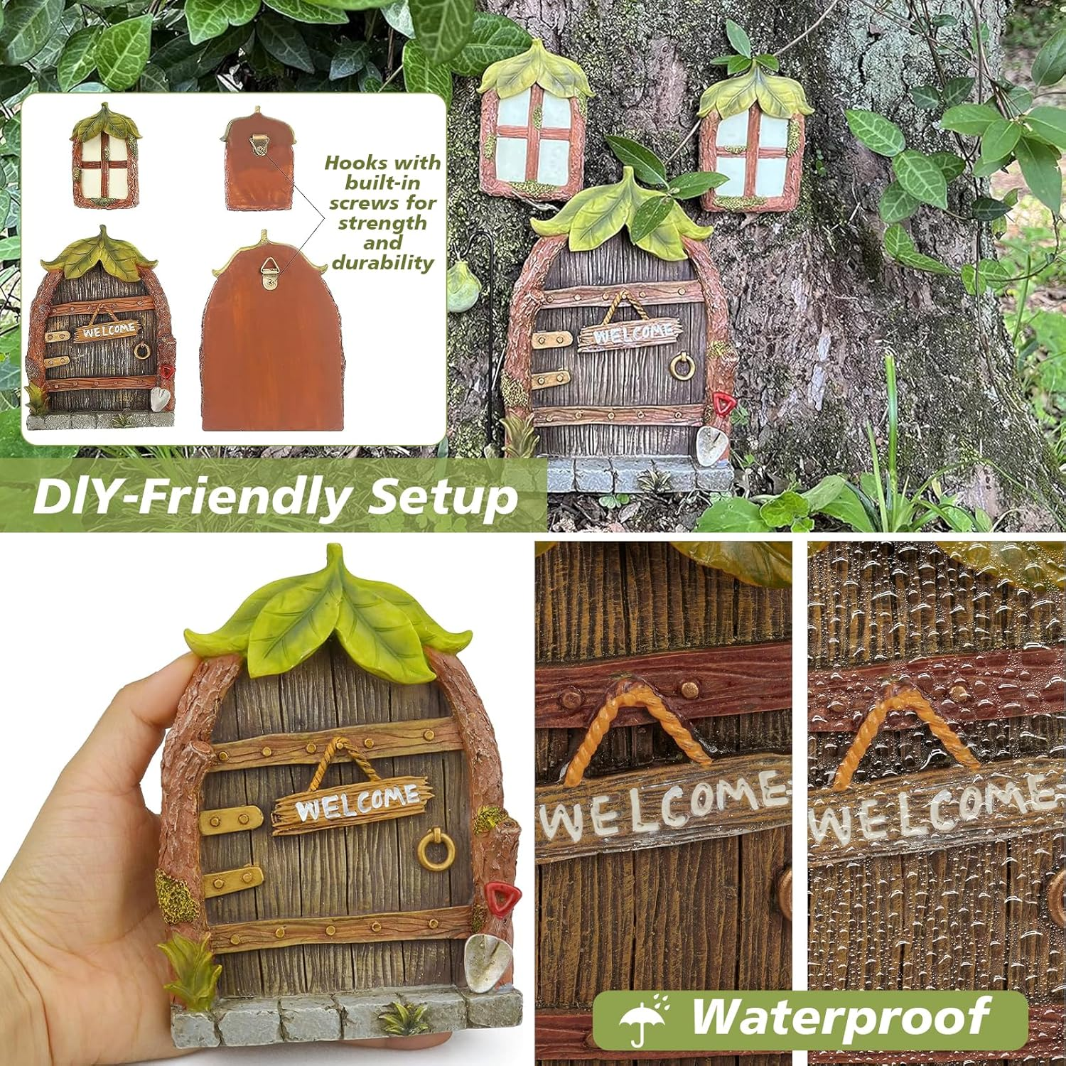 4PCS Fairy Door Decorations Kit, Fairy Door & Window Resin Set, Garden Miniature Fairy Tree Ornaments, Windows Glow in the Dark, Decoration Garden Lawn Ornament, Outdoor Decor Accessories (4) image number 2
