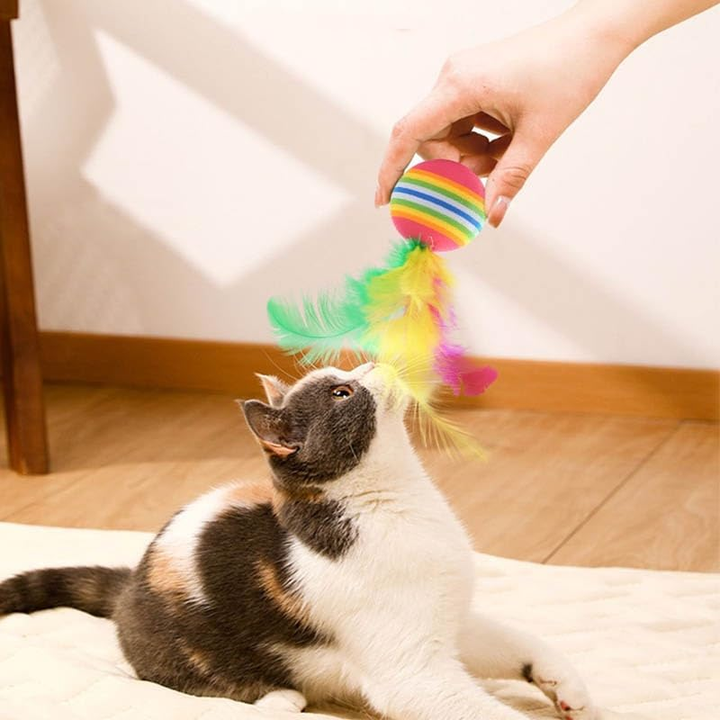 12Pcs Rainbow Cat Toy Balls Soft EVA Foam Interactive Toys with Feather Cat Toy,Cat Balls with Feather,Pet Cat Latex Foam Ball with Feather Toy for Dogs Cats Puppy Indoor Outdoor Playing Training image number 6