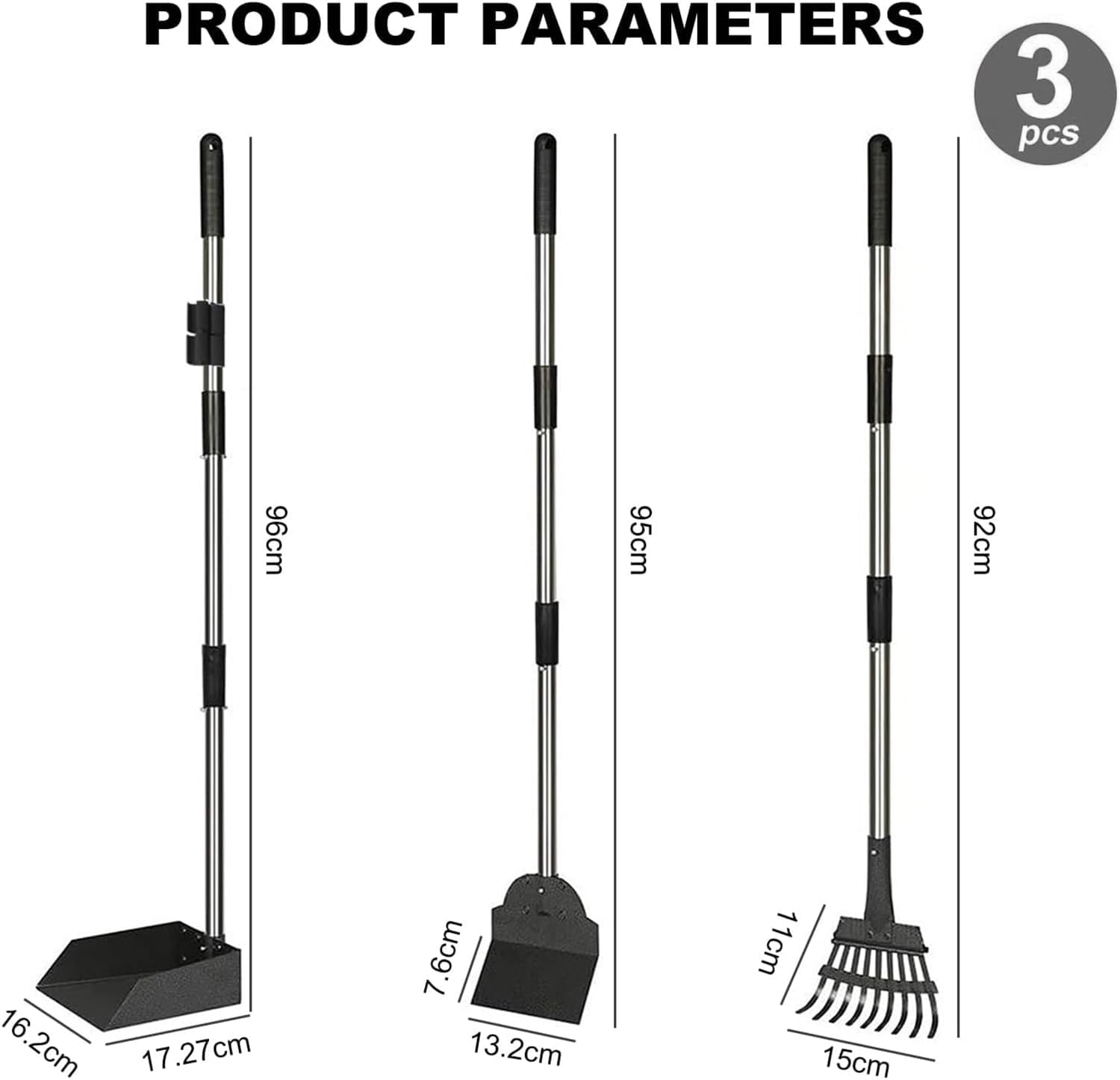 Dog Pooper Scooper Set, Tray Rake, and Spade 3 Pack Poop Scoop Adjustable Long Handle Metal with Tray for Pet Waste Removal,Dirt and Gravel,No Bending Clean up for Small Medium Dogs(Black) image number 3