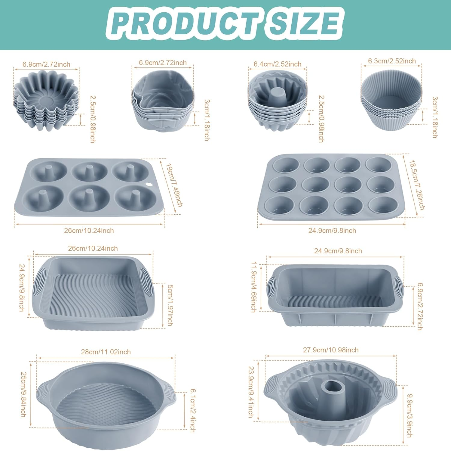 30Pcs Silicone Bakeware Set Including Baking Pan Silicone Cake Mold Baking Sheet Donut Pan Silicone Muffin Pan Cake Pan and 24 Silicone Cupcake Mold Baking Cup Heat Resistant Bakeware Tools Kit (Gray) image number 2