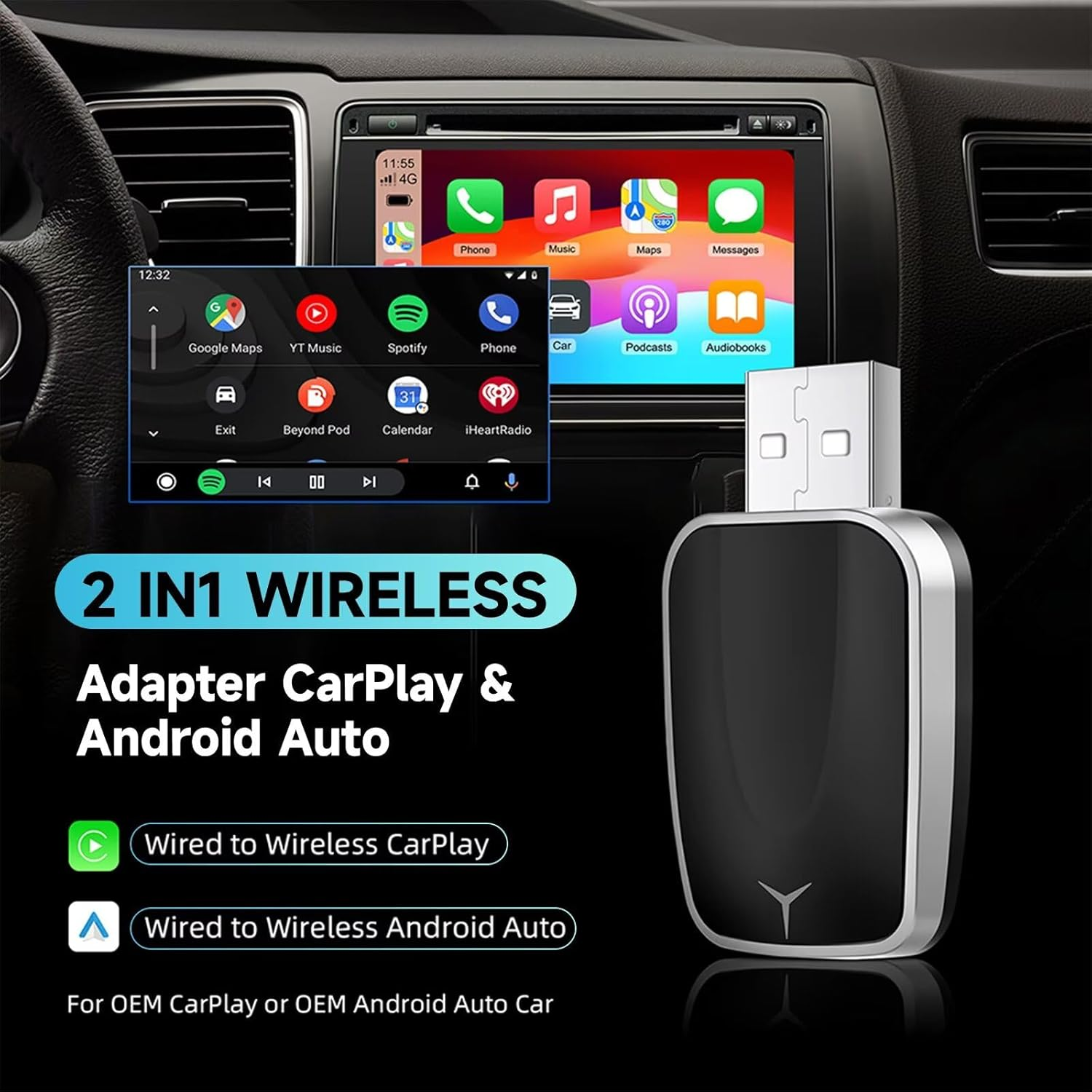 ZVCXOE Wireless Carplay Adapter for OEM Wired Carplay Cars Compatible with Ios 10+ and Android Auto 2 in 1 Plug and Play Mini USB Adapter with USB-C/A Cables Black image number 3