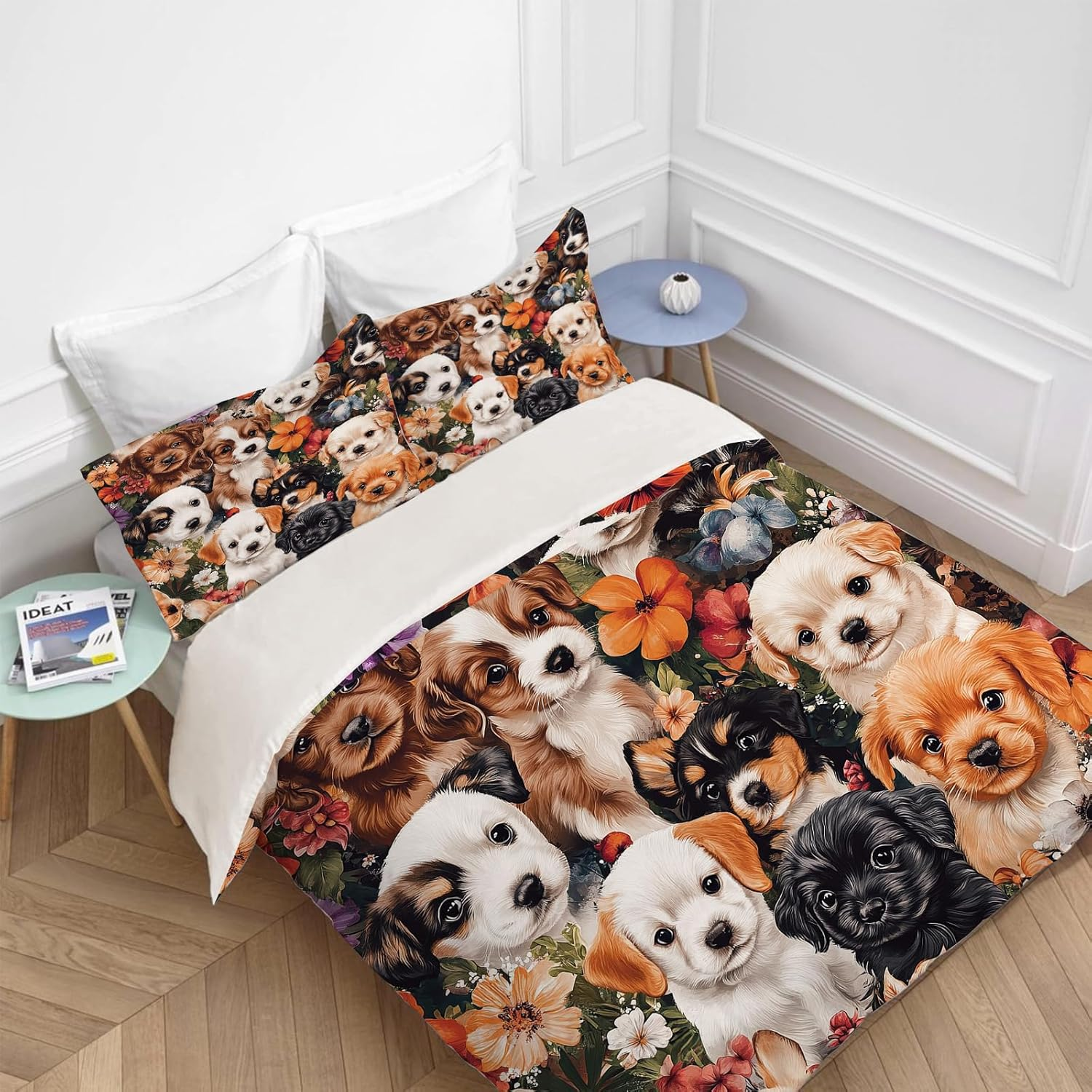 Wosabee Dog Bedding Set Dog Flower Comforter Set Cover Full Size Labrador Retriever Duvet Cover with 2 Pillow Cases for Kids and Adults Soft Quilt Cover for Bedroom Bed Decoration image number 6