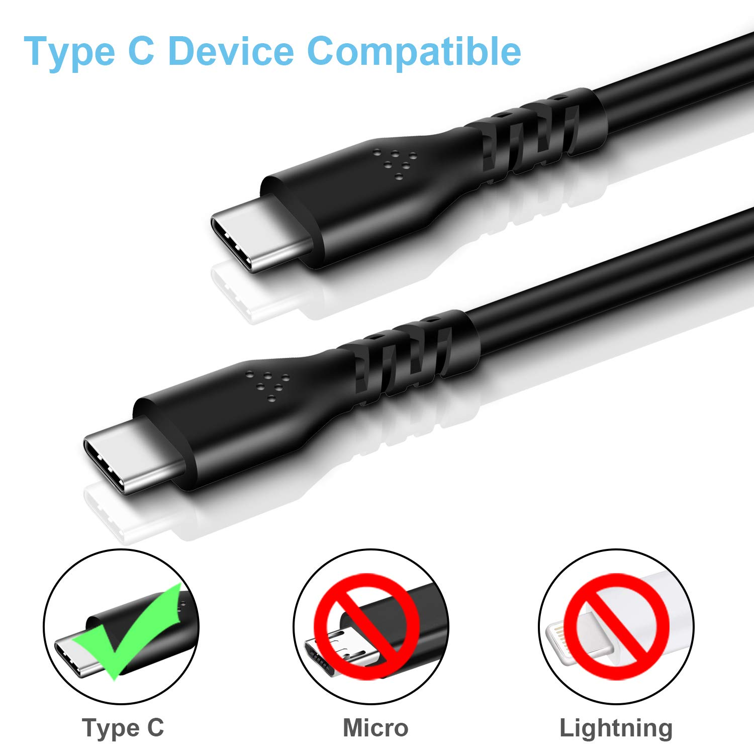 Fasgear 3 Pack USB C to USB C 2.0 Cable, 60W PD, 30Cm, 1M, 1.8M, Black, Compatible with Macbook, Chromebook, Galaxy S20 Ultra/S10, Huawei P40, Xiaomi 10 image number 3