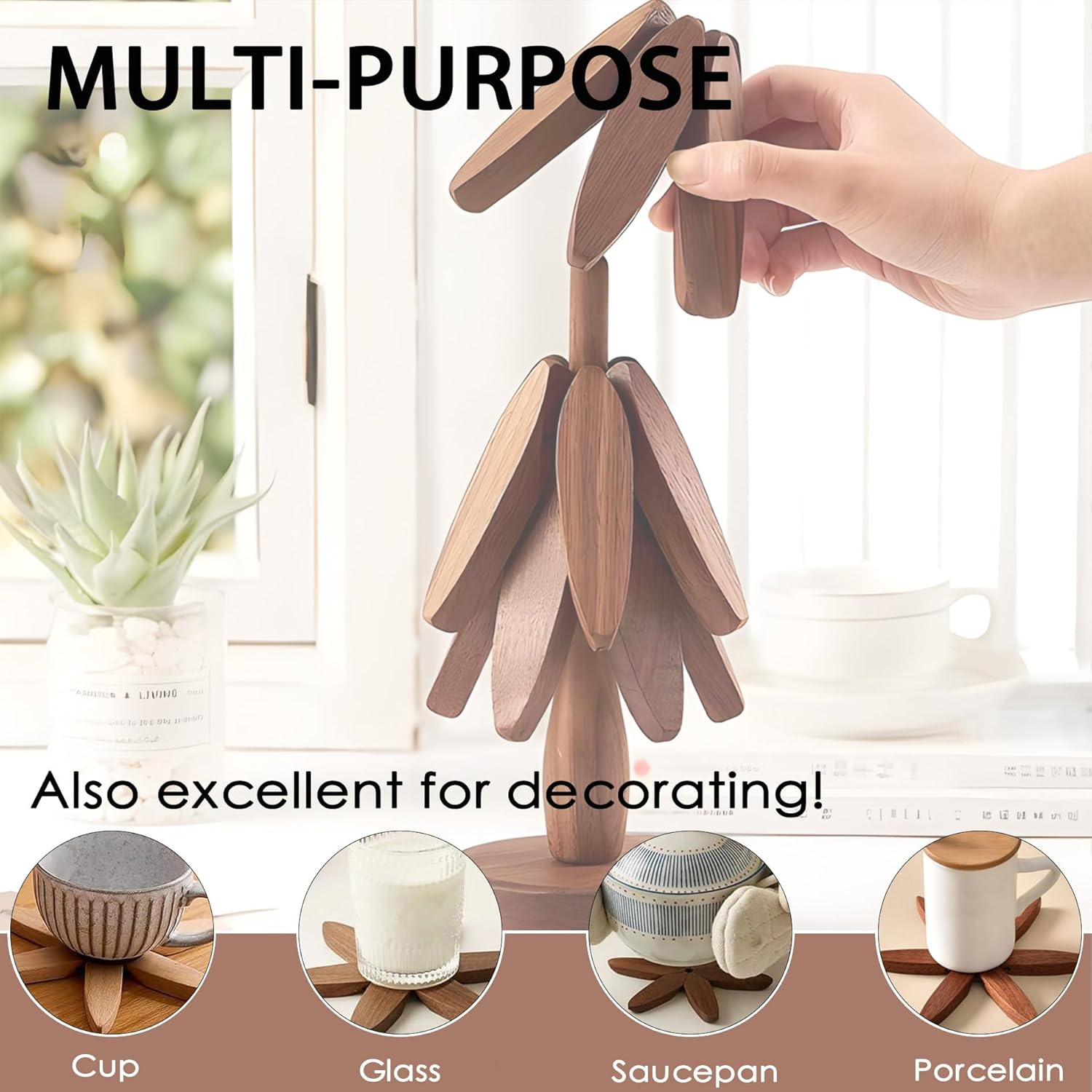 4Pcs Wooden Trivets, Yellow-Brown Tree Coasters - Table Decoration for Hot Dishes Hot Pad Bowls and Teapots，Heat Resistant Beech Wood image number 3