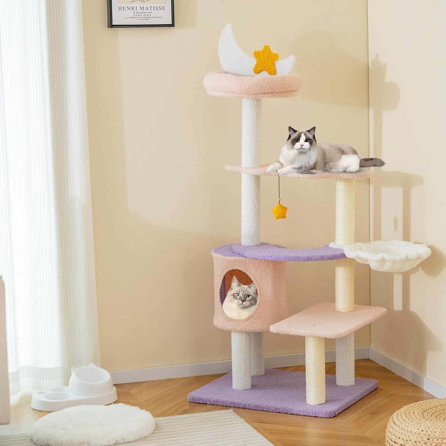 Costway Cute Cat Tree for Indoor Cats, Multi-Level Cat Tower W/Sisal Covered Scratching Posts, Condo, Moon Star Plush Perch, Hammock, Cloud Platforms, Dangling Toys, Kitty Play House Activity Center