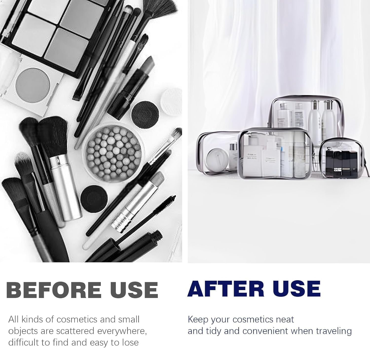 4 Pack Clear Waterproof Toiletry Bags with Zippers for Travel, Beach Vacation & Bathroom (Black) image number 2