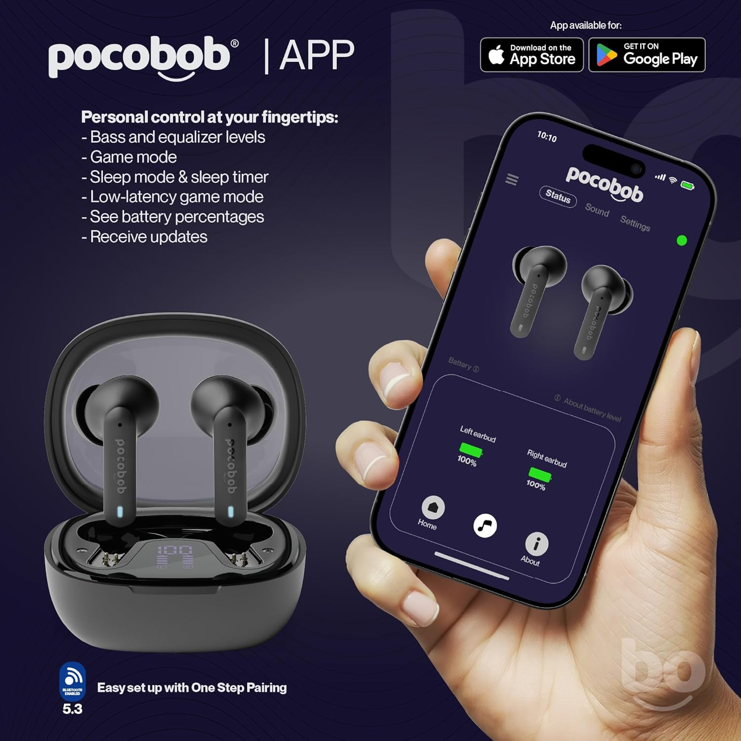 Pocobob 8 Bluetooth 5.3 In-Ear Headphones with Microphone, ENC, App Control, 32 Hours Battery, Touch, USB-C, IPX4 Water Protection - True Wireless Earbuds - Black image number 1