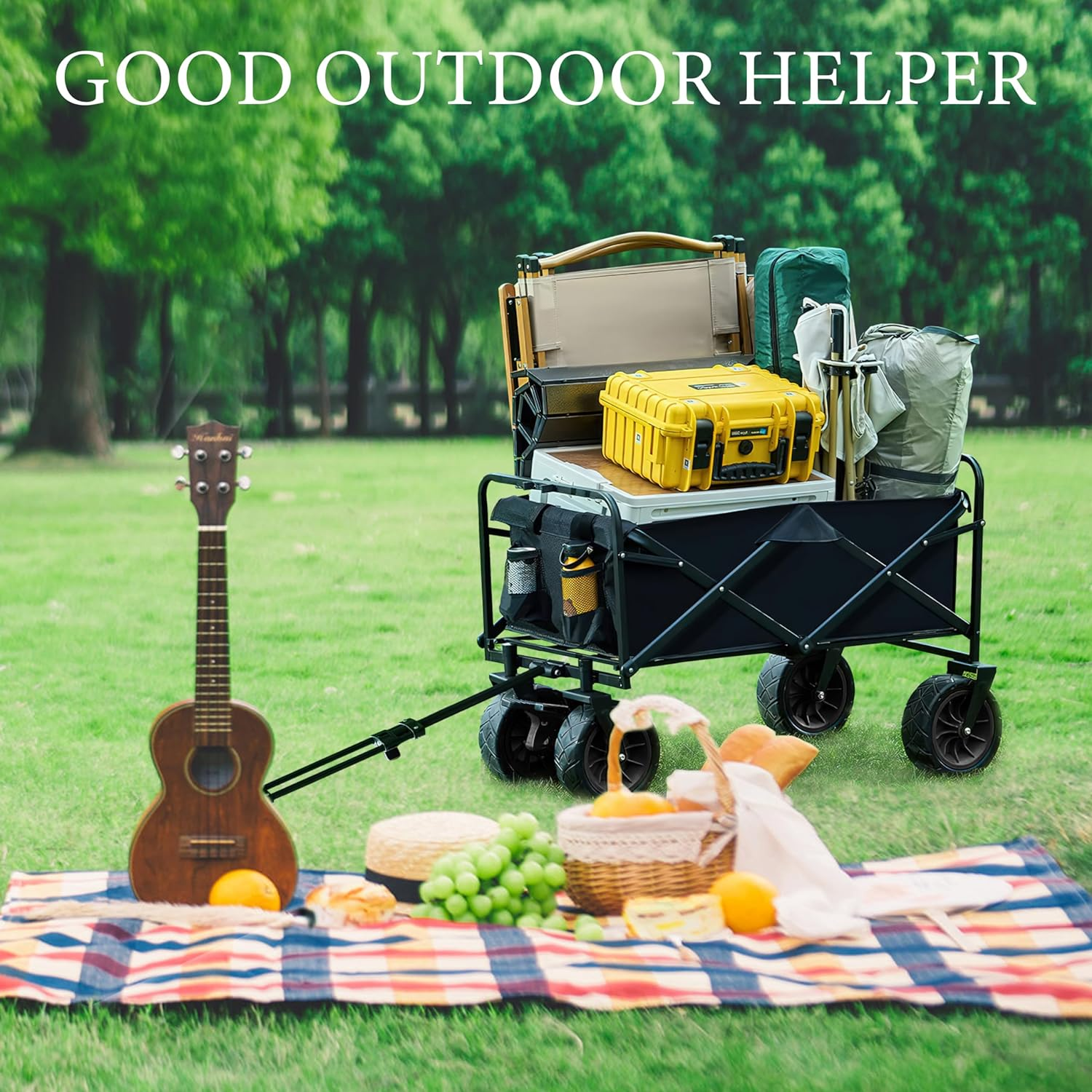 Collapsible Folding Outdoor Utility Wagon with 150Kg Weight Capacity,Outdoor Garden Shopping Camping Cart,125L Loading Capacity Big Wheels & Adjustable Rolling Wagon Travel Shopping Use