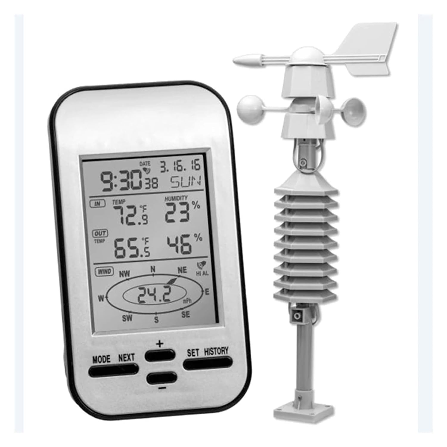 Wireless Weather Station Clock Dual Mount Wind Sensor LCD outside Speed Direction Home Chill Temperature Humidity Meter image number 1