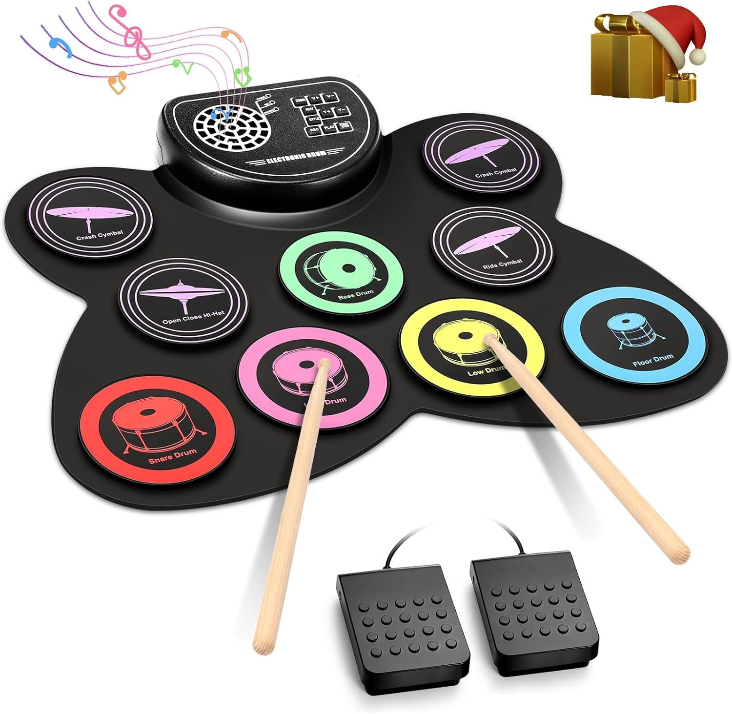 Electronic Drum Set, 9-Drum Practice Pad with Headphone Jack, Roll-Up Drum Kit Machine with Built-In Speaker Drum Pedals and Sticks 10 Hours Playtime, Great Birthday for Boys Girls image number 5