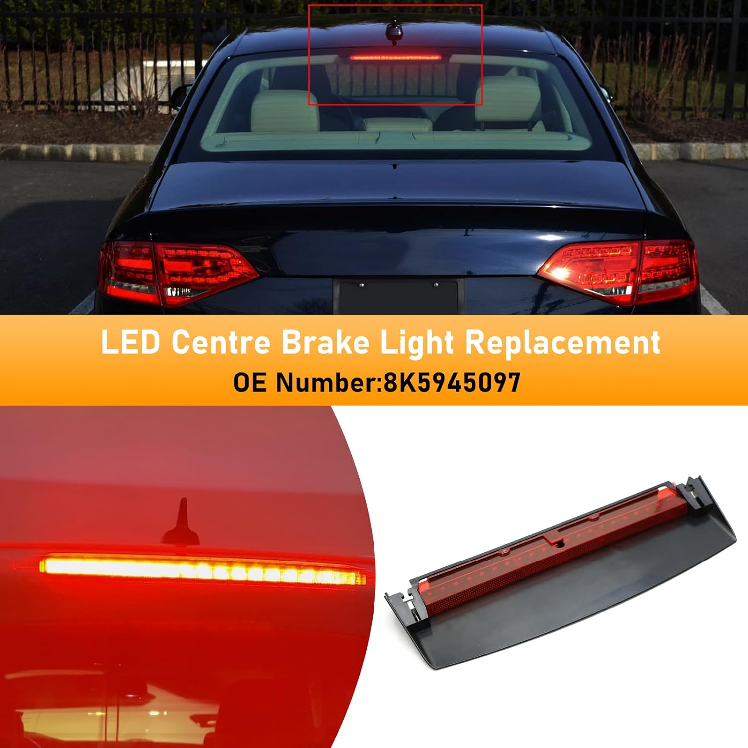 Center Brake Light Assembly Compatible with Audi A4/A4 Quattro 2009-2015,S4 2010-2015,Third Brake Light with 18 Smal Red Lamp Bulbs,Center High Mount Stop Lamp Replacement for 8K5945097 image number 4