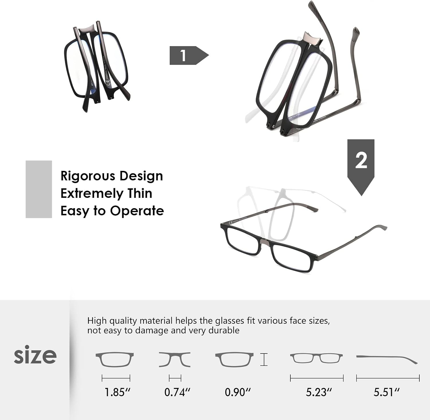 SKYOAK Unbreakable Evolved Flat Folding Reading Glasses Full Size Blue Light Foldable Portable Readers with Case image number 5