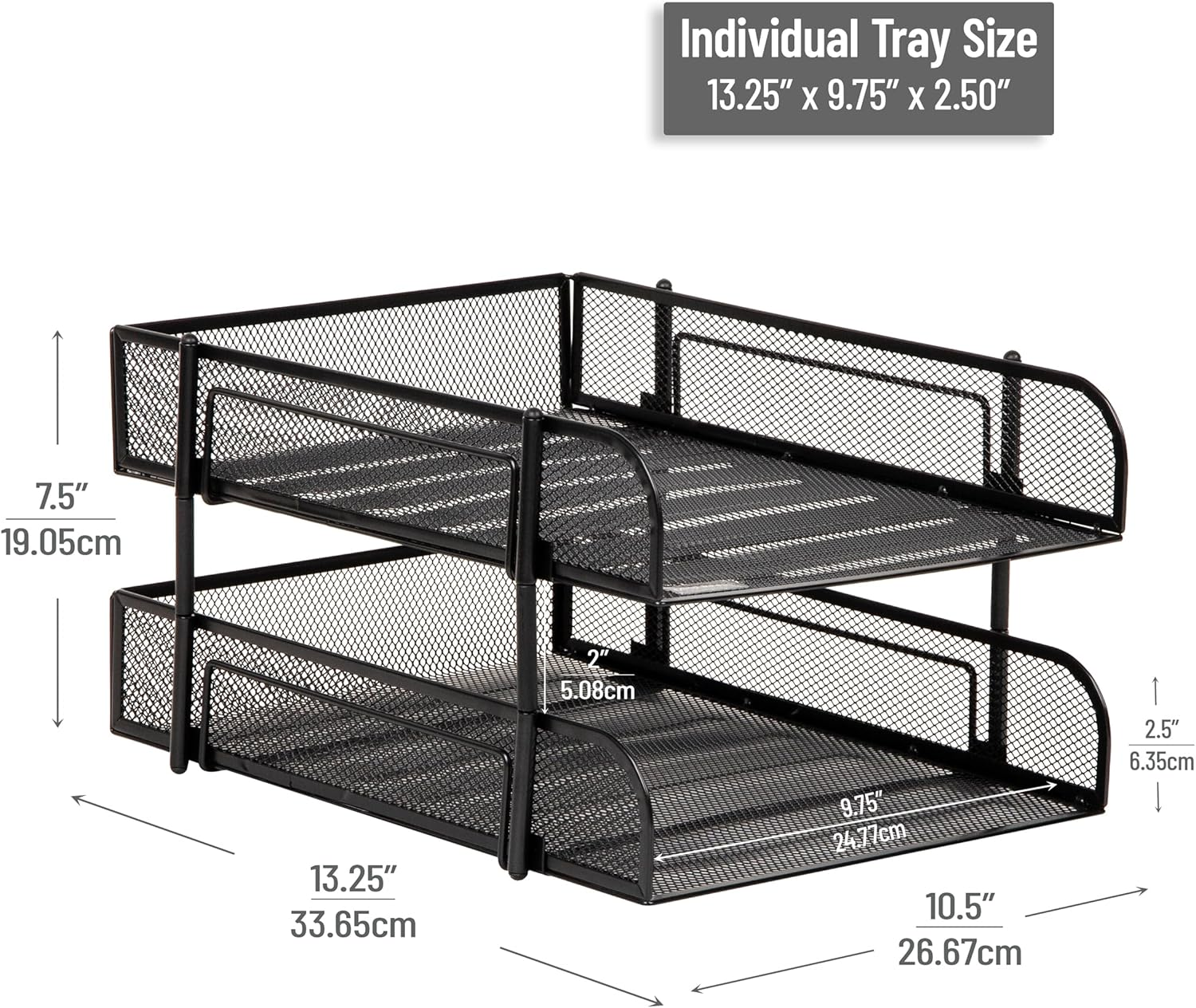 Mind Reader Stackable Paper Tray, Desktop Organizer, File Storage, Office, Metal Mesh, 10.5" L X 13.25" W X 7.5" H, 2 Pcs, Black image number 2