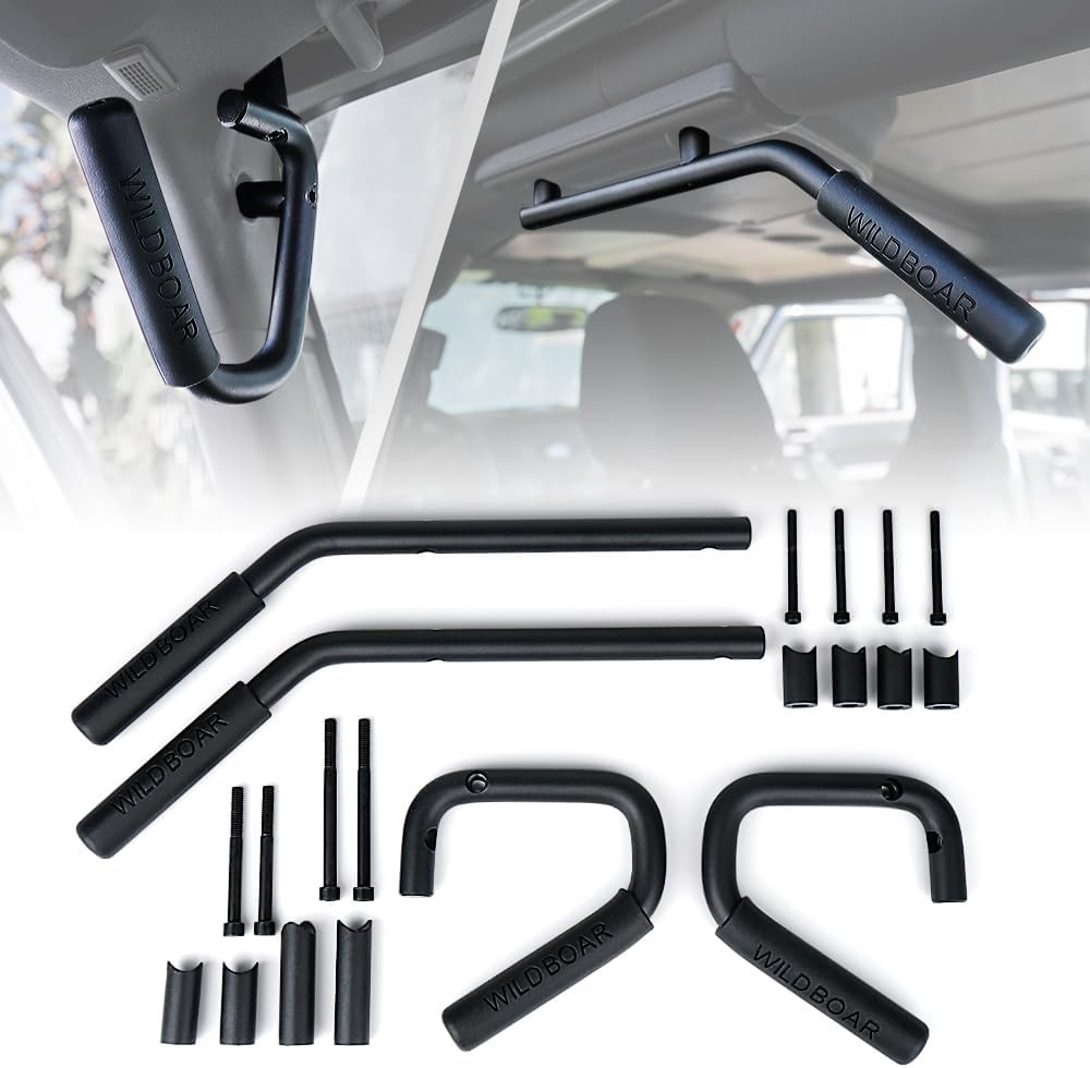 Xprite 4-Piece Front & Rear Aluminum Grab Handles Kit, Heavy-Duty Roll Bar Grab Handles Compatible with 2007-2018 Jeep Wrangler JK JKU 2/4 Door, Rugged Off-Road Interior Accessory (Black)