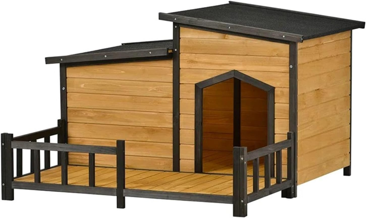 Wooden Dog House Kennel Raised Puppy Pet Shelter Home Outdoor inside with Porch Window Door Asphalt Roof XL