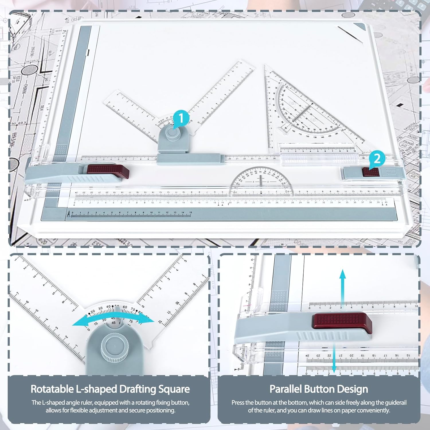 SOCROTO A3 Drafting Board Multifunctional Portable Drafting Table Graphic Architectural Sketch Portable Drafting Board with Clear Rule Parallel Motion and Angle Adjustable Measuring System image number 1