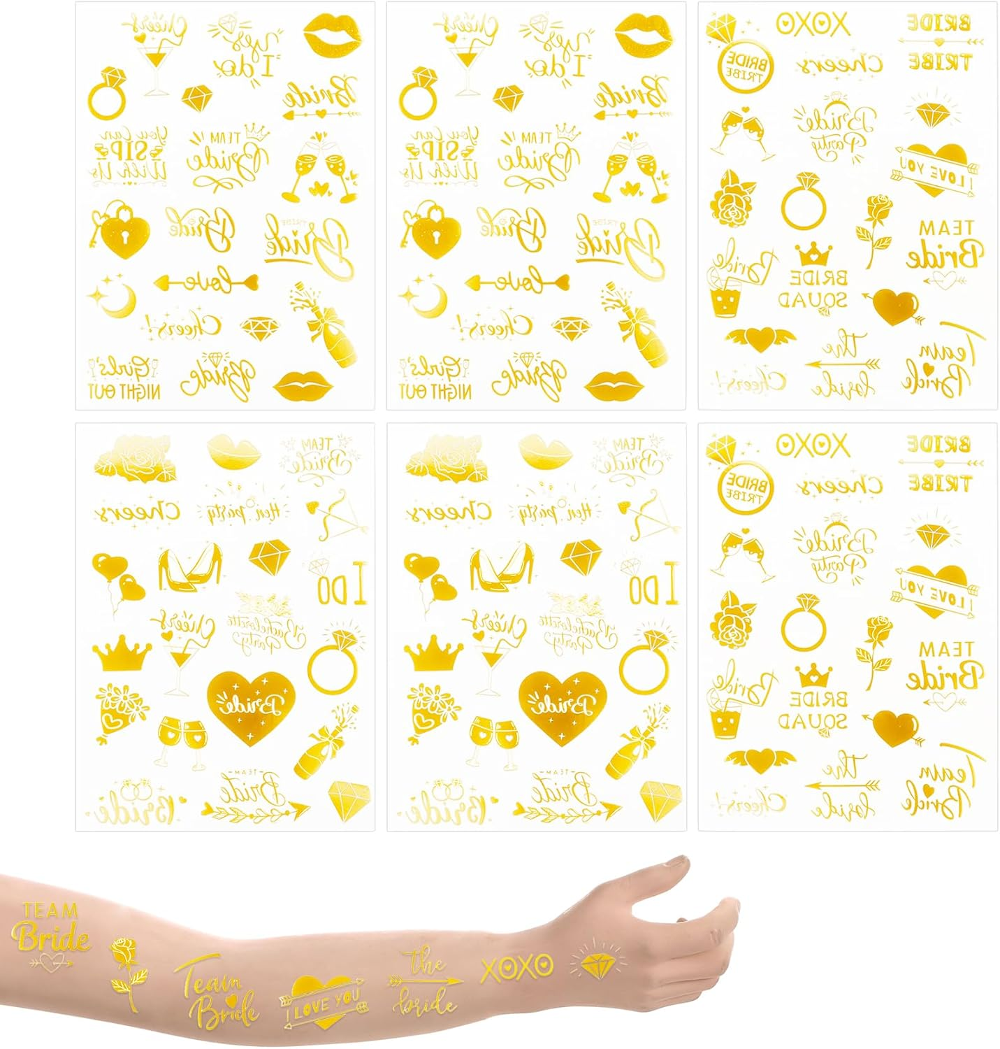 JGA Tattoo Women Gold, 6 Sheets Stag Night Tattoos Team Bride Wedding Temporary Tattoos Hen Party Accessories for Stag Night Wedding Hen Party Accessories image number 1