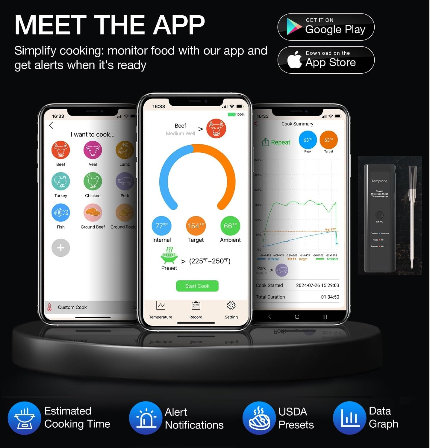 The Original True Wireless Smart Meat Thermometer, 500FT Range Wifi & Bluetooth Digital Connectivity, Meater, Quick Easy APP Control, Dual Sensors, Kitchen Oven Grill BBQ Smoker Rotisserie Air Fryer image number 1