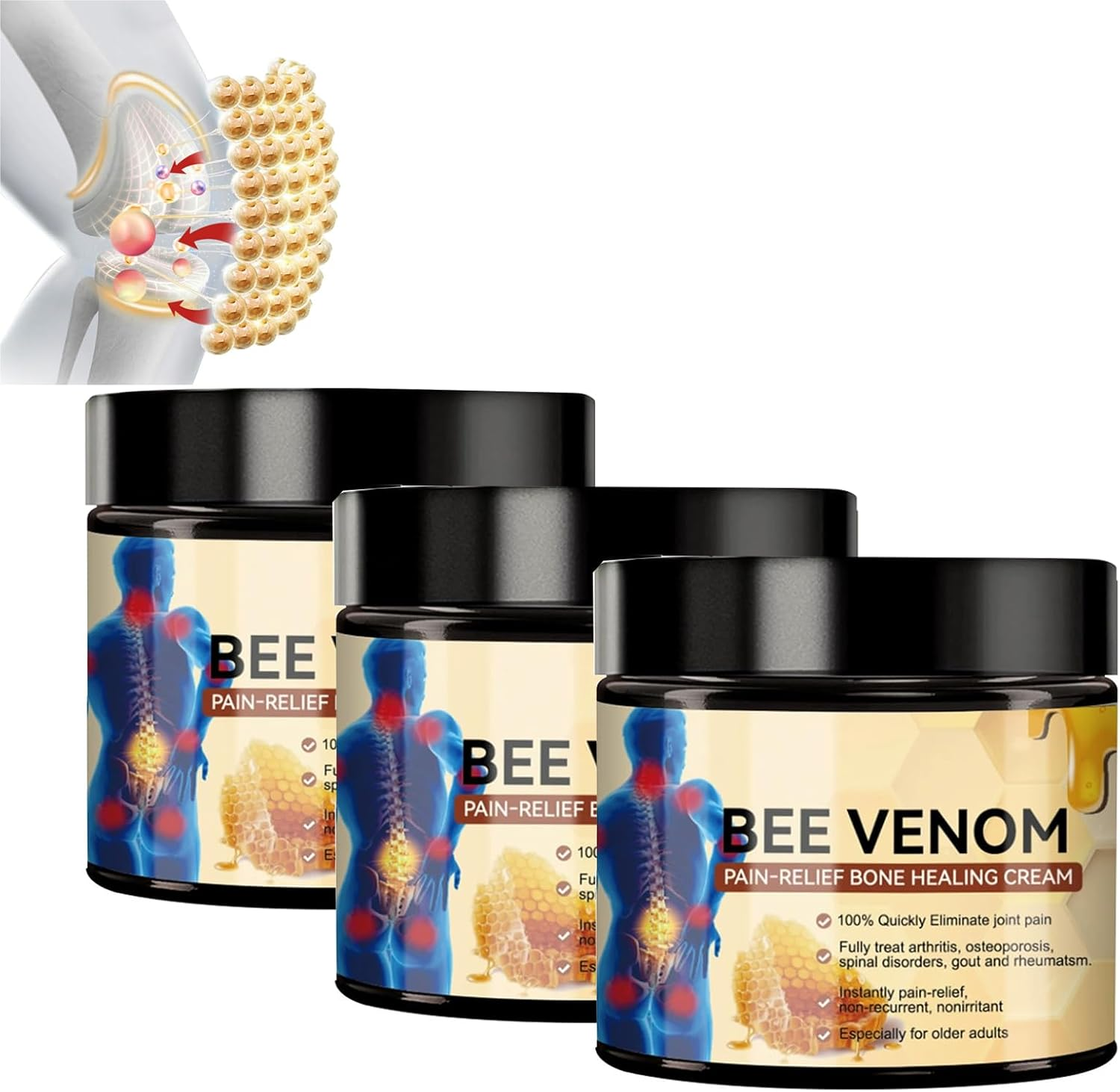 Bee Venom Cream Australia,Joint and Bone Gel for Back, Neck, Hands, Knee (3 PCS, 180 G (Pack of 3))