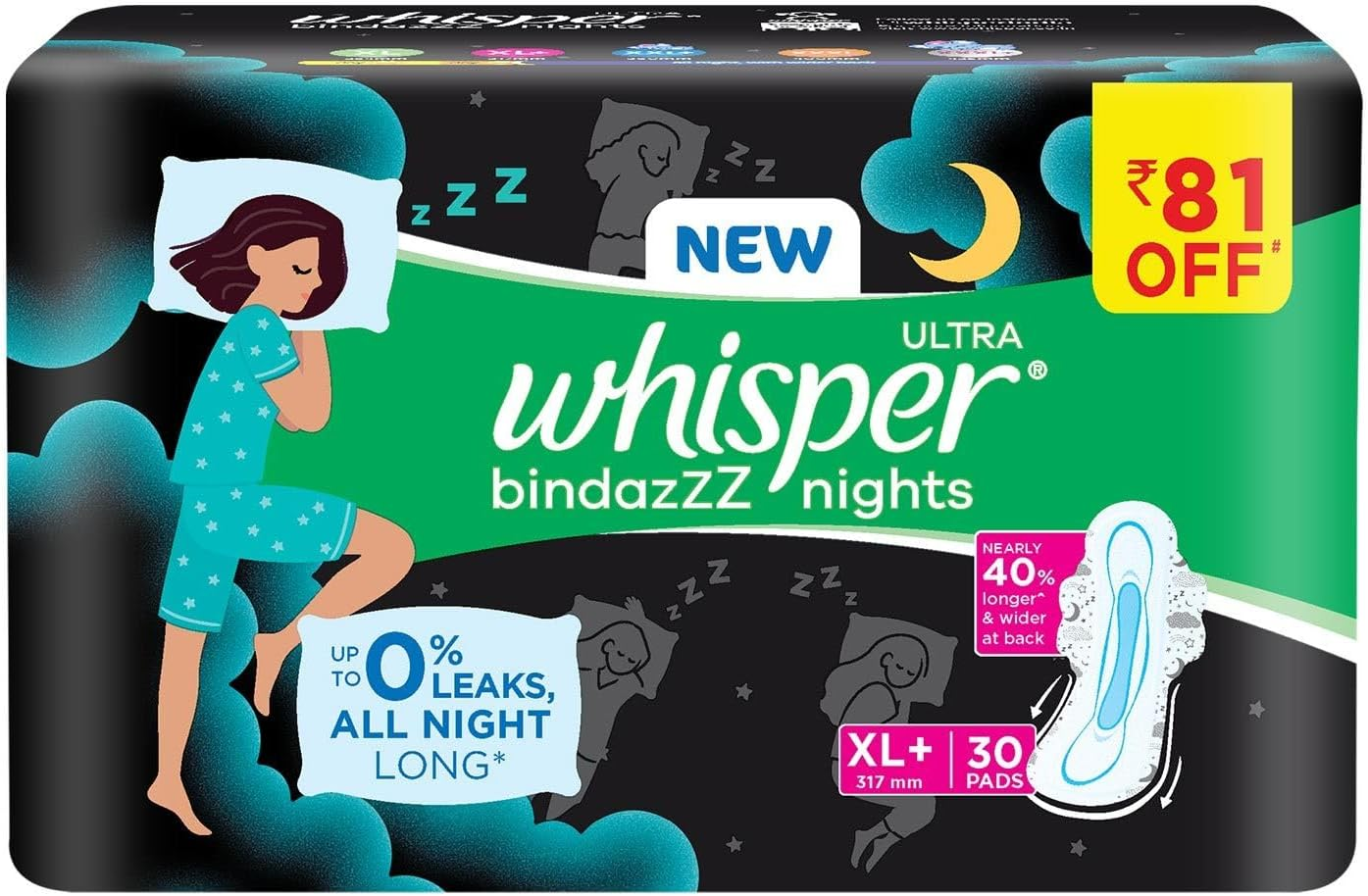 Whisper Ultra Overnight Sanitary Pads with Wings - 30 Pieces (XL Plus)
