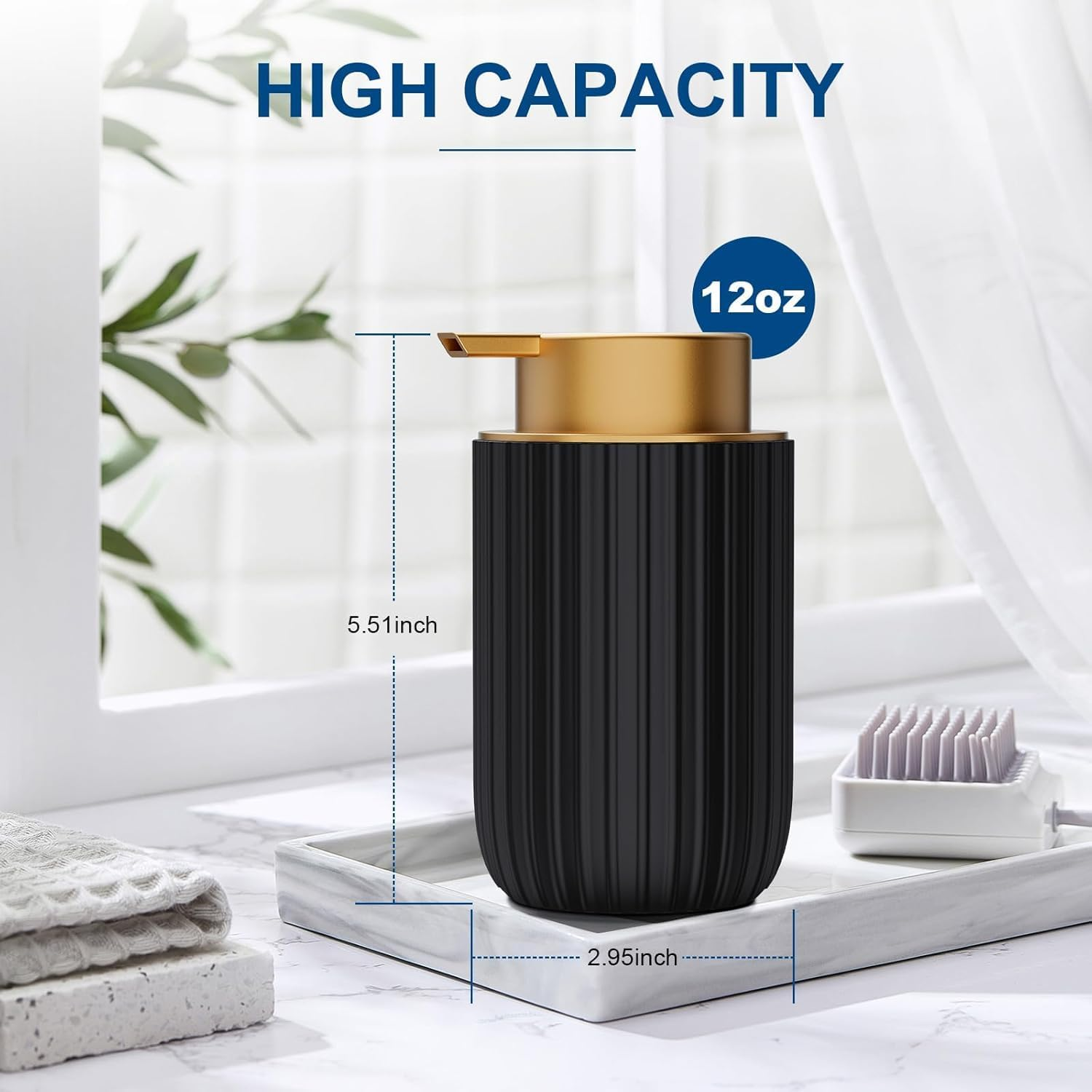 2 Pack Foam Soap Dispenser - 12 Oz Beige Ceramic Foaming Soap Dispenser for Bathroom, Hand Wash Dispenser Bottle with Foaming Pump, Striped Refillable Dish Soap Dispenser for Kitchen(Black) image number 1