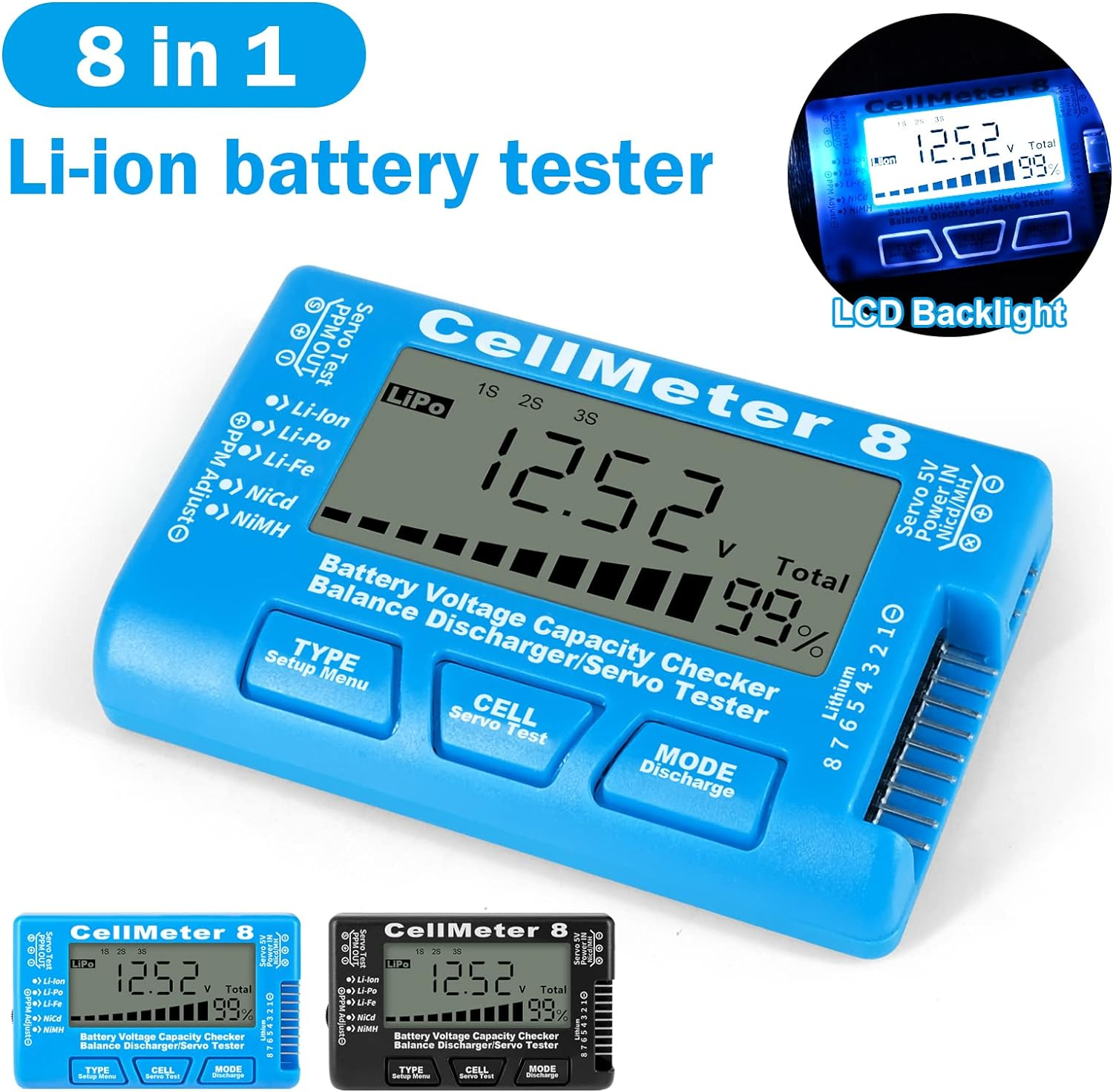 Nurdo Digital Battery Checker 8 in 1 Li-Ion Battery Tester Lipo Life Nimh Voltage Tester Black