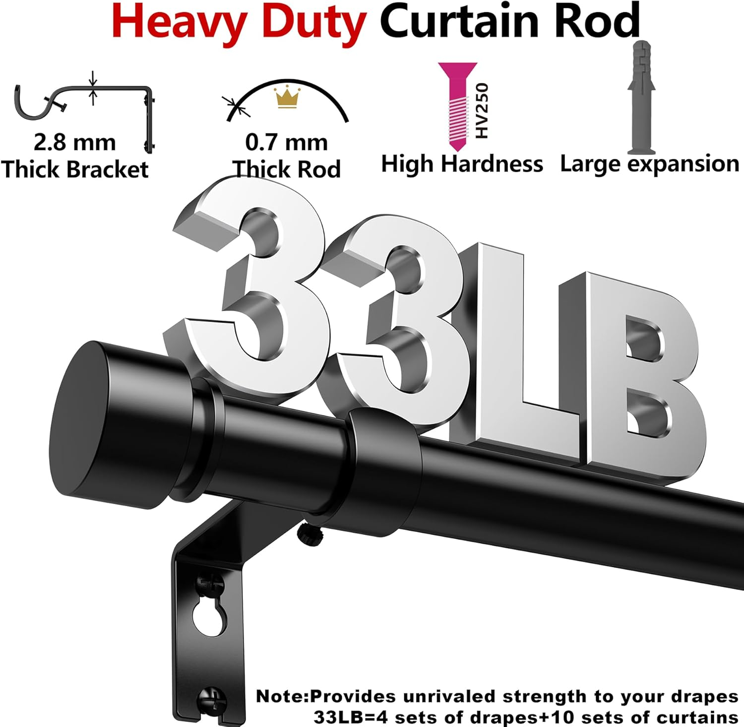 Curtain Rods 304 Cm, 327-Cm Rod, Adjustable Length Heavy Duty Decorative Finials Diameter 2.2 Cm,10 Ft, Black image number 5