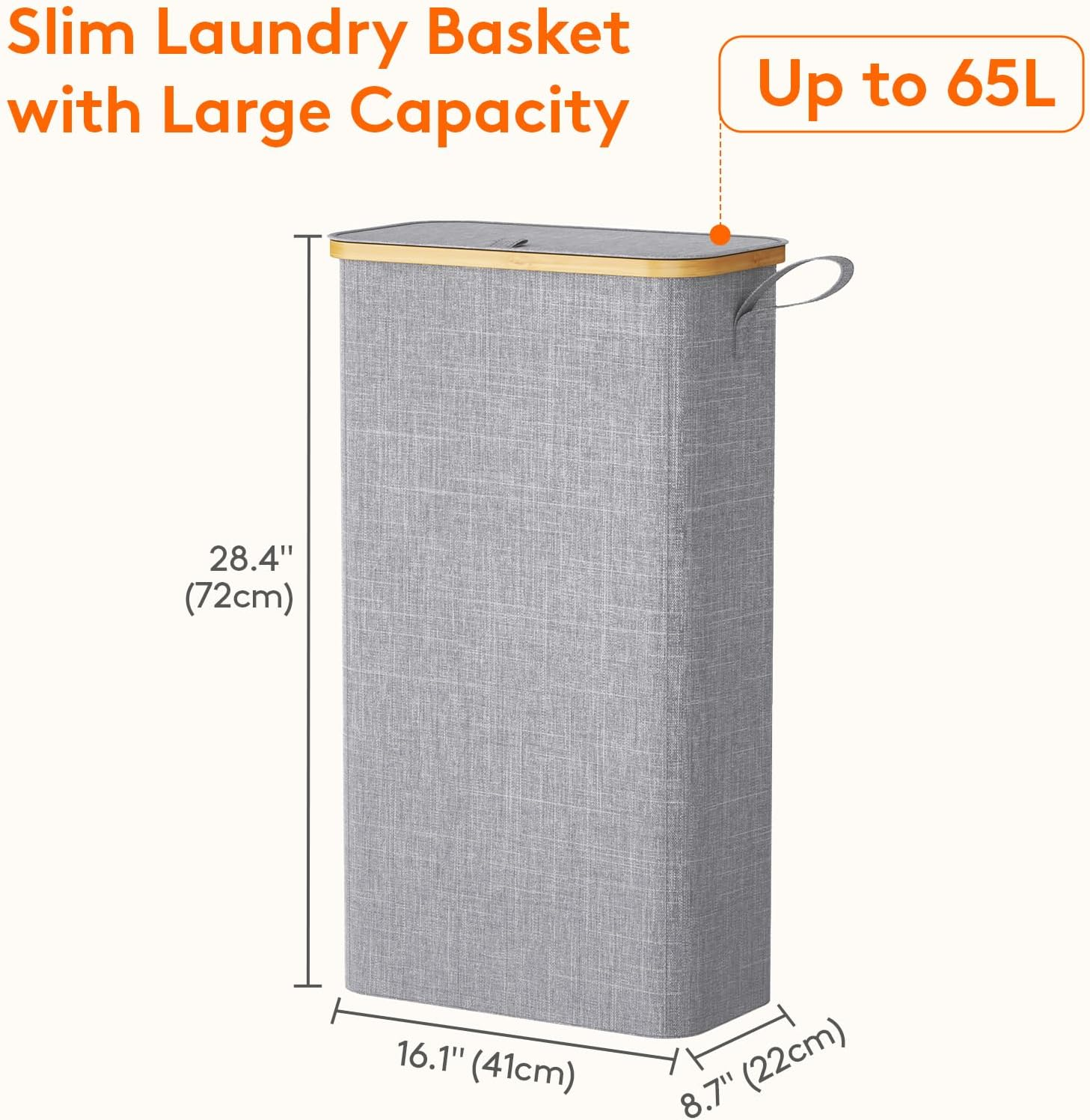 Lifewit 65L Slim Laundry Hamper with Lid, Narrow Laundry Basket with Removable Bag & Bamboo Handles, Fodable Thin Dirty Clothes Hamper for Laundry Collapsible Bin for Bathroom Bedroom Dorm, Gray image number 3
