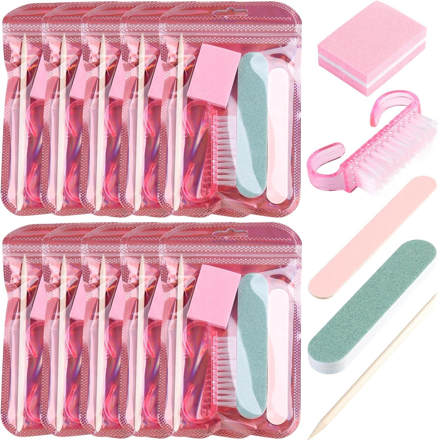 SUTOKAKA 10 Sets Disposable Manicure Prep Kit for Travel Home, Portable Basics 5 in 1 Nail Salon Pedicure Kit, Professional Nail Tool Supplies, Nail File, Mini Buffer, Wood Stick & Handle Grip Brush image number 4