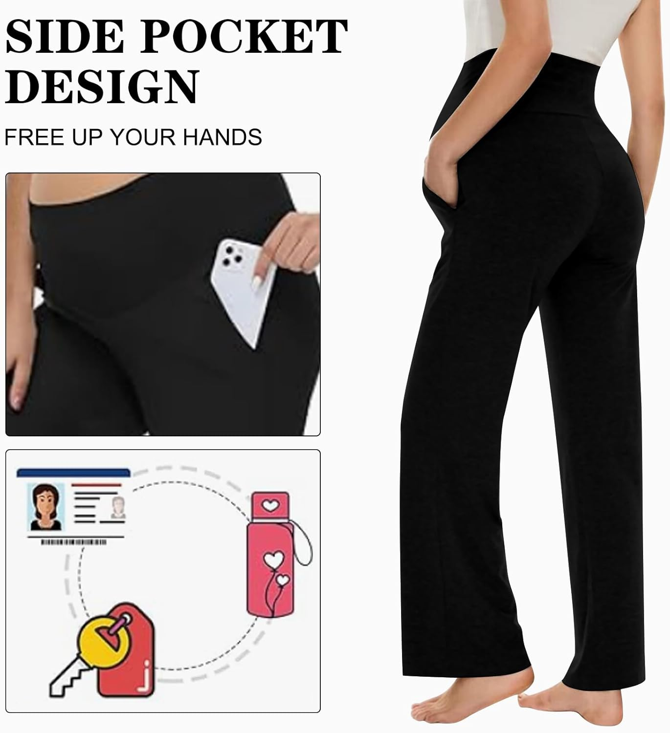 Women Maternity Pants High Waisted Soft Stretchy Pregnancy Wide Leg Trousers Comfortable over Bump Work & Lounge Pants with Pockets image number 5