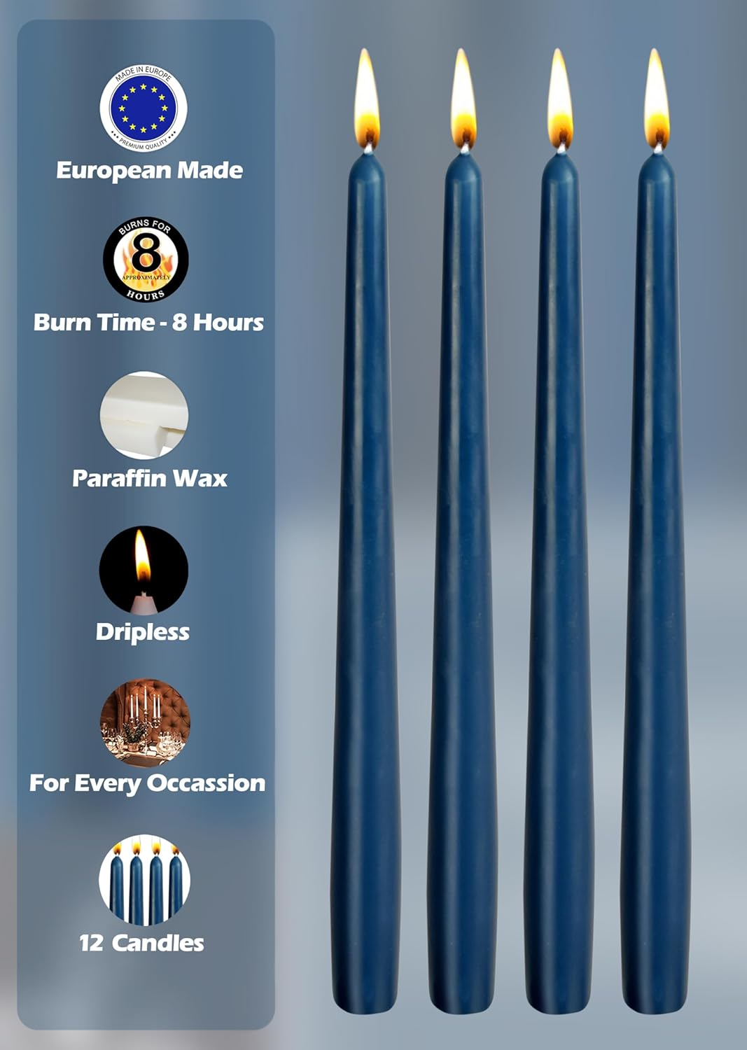 Hyoola 12 Pack Tall Taper Candles - 10 Inch Midnight Blue Dripless, Unscented Dinner Candle - Paraffin Wax with Cotton Wicks - 8 Hour Burn Time image number 3
