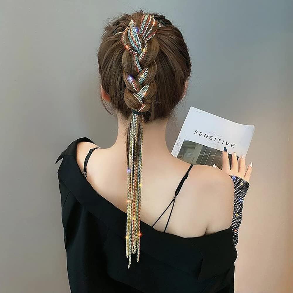 2Pcs Bling Bling Rhinestones Head Chain Hairpin Hair Clip Headdress Jewelry Luxury Long Tassel Bride Ornaments Girls Hair Accessories (Colorful Six Rows) image number 6