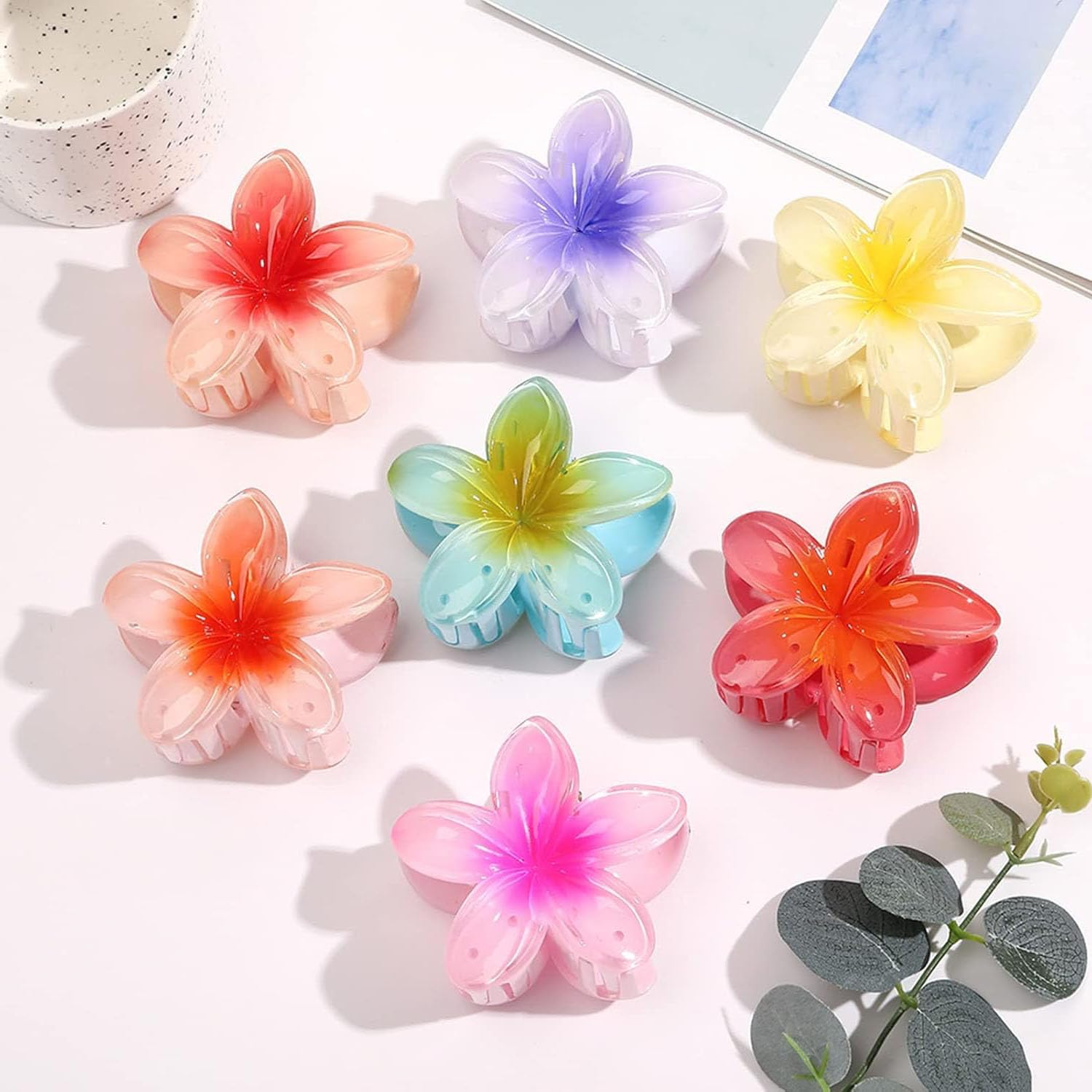 6 Pcs Flower Hair Clips,Plumeria Hair Claw Clips,Hawaiian Flower Hair Claw Clips,Non-Slip Strong Hold Big Hair Clamps for Thick Hair and Thin Hair,Summer Beach Wedding Accessories
