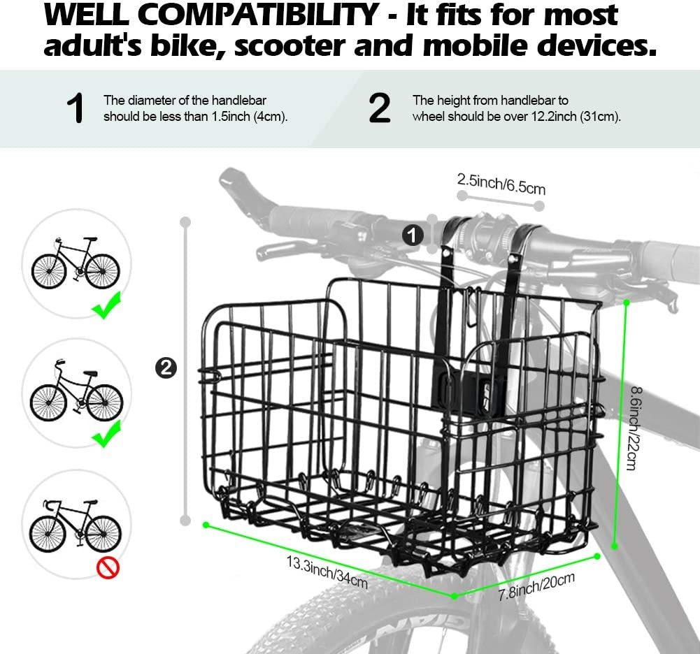 Wiel Bike Basket with Black Liner Rainproof Cover, Folding Steel Bicycle Basket Easy Install to Front Handlebar or Rear Rack, Heavy-Duty Metal Wire Bearing 33 Lbs for Commuter Grocery Shopping Picnic