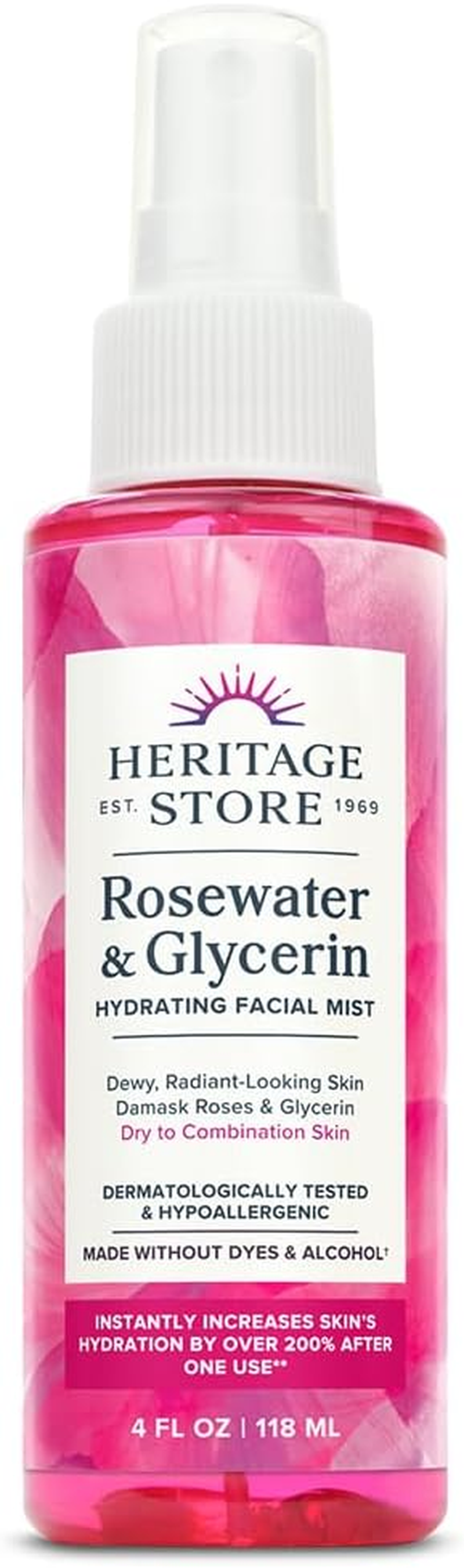HERITAGE STORE Rosewater & Glycerin Hydrating Facial Mist - Dry Combination Skin Care - Rose Water Spray W/Vegetable Glycerine, Made without Dyes or Alcohol, Hypoallergenic, Vegan, Cruelty Free, 4Oz