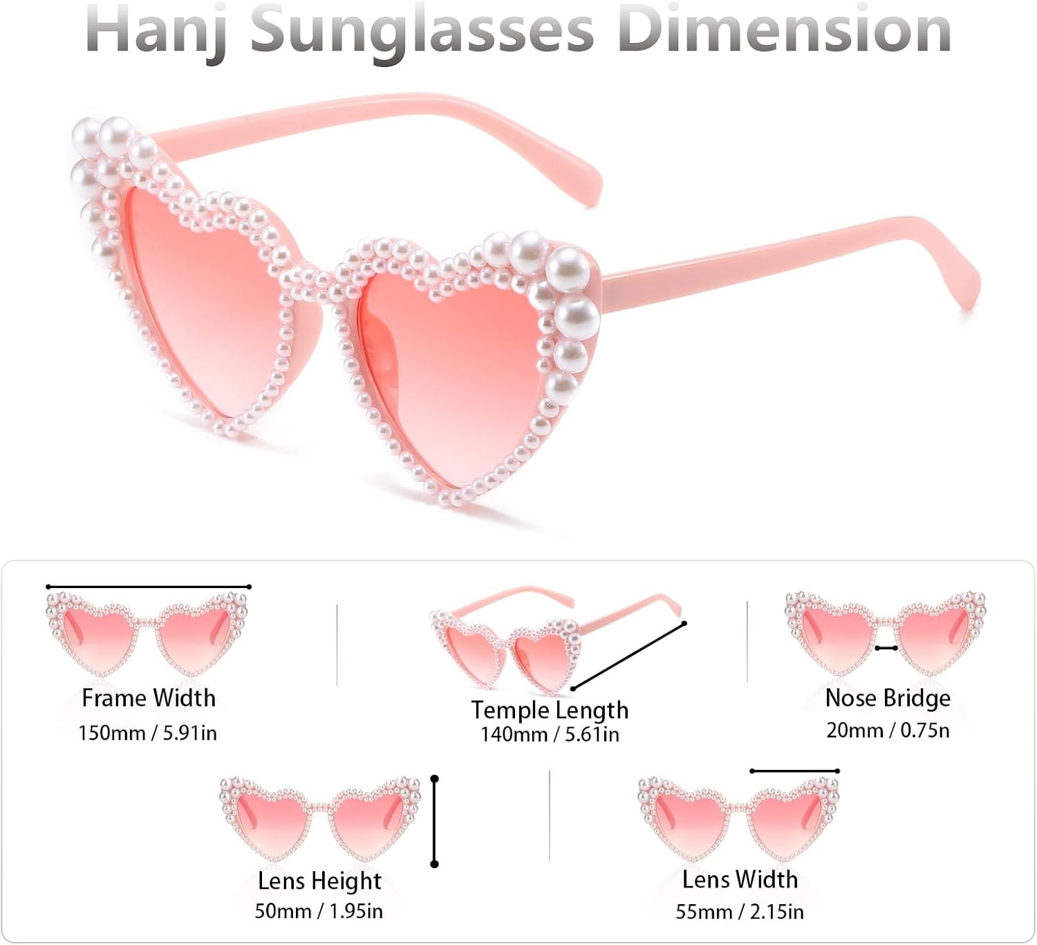 Hanj Love Heart Pearl Sunglasses for Women Rhinestone Glasses Bachelorette Party Bride Sunglasses - White image number 4