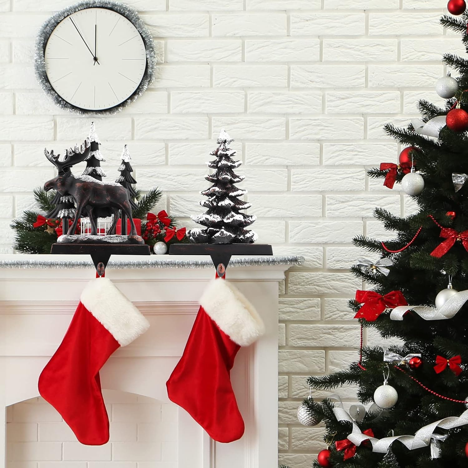 MCEAST 2 Pack Christmas Stocking Holders: Reindeer & Christmas Tree with Snowflake; Black, Fabric; 2 Hooks; Surface Rest; Stocking Hangers