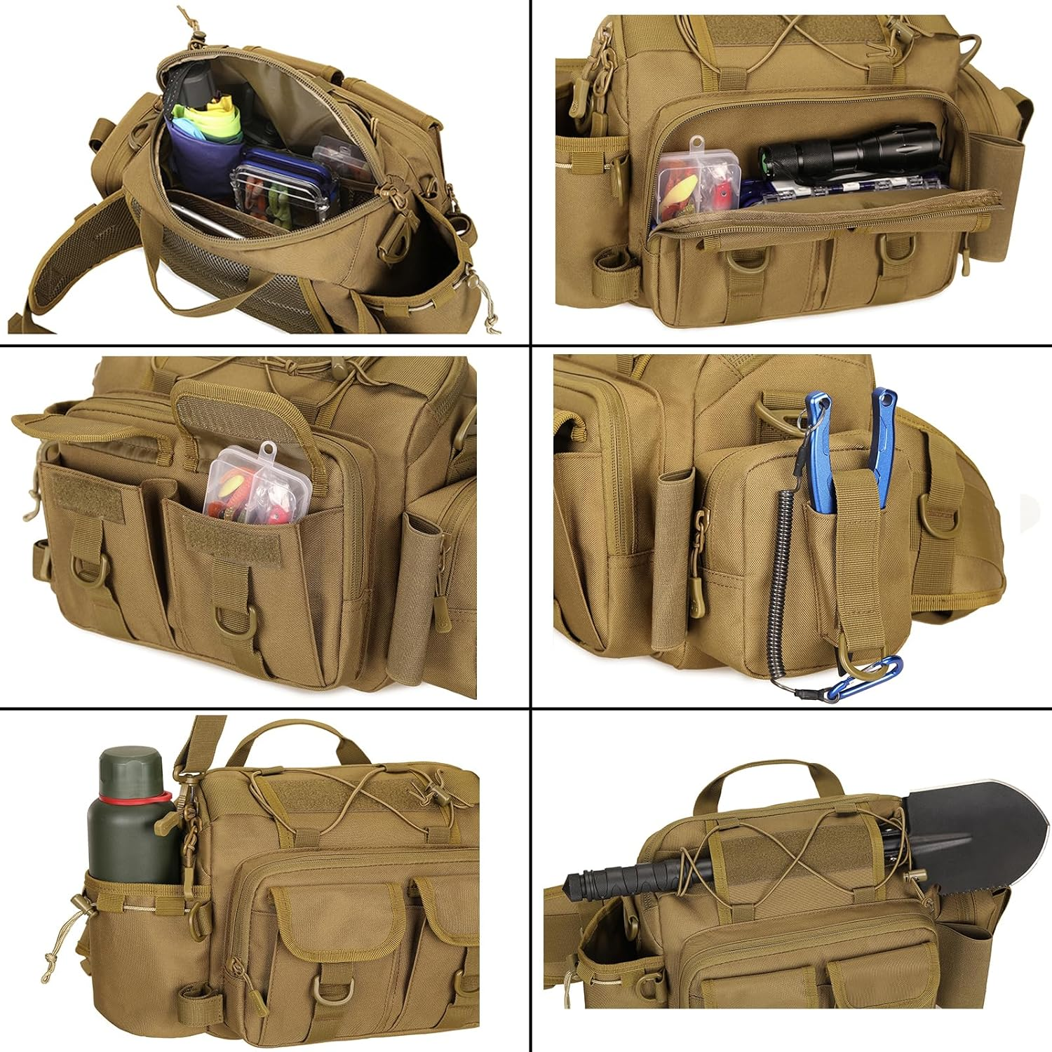 Fishing Tackle Bag Crossbody Sling Bag Fly Fishing Gear Organizer Pack for Fishing Hiking Camping Hunting Waist Bag for Men 1000D Nylon Waterproof (Black) image number 4