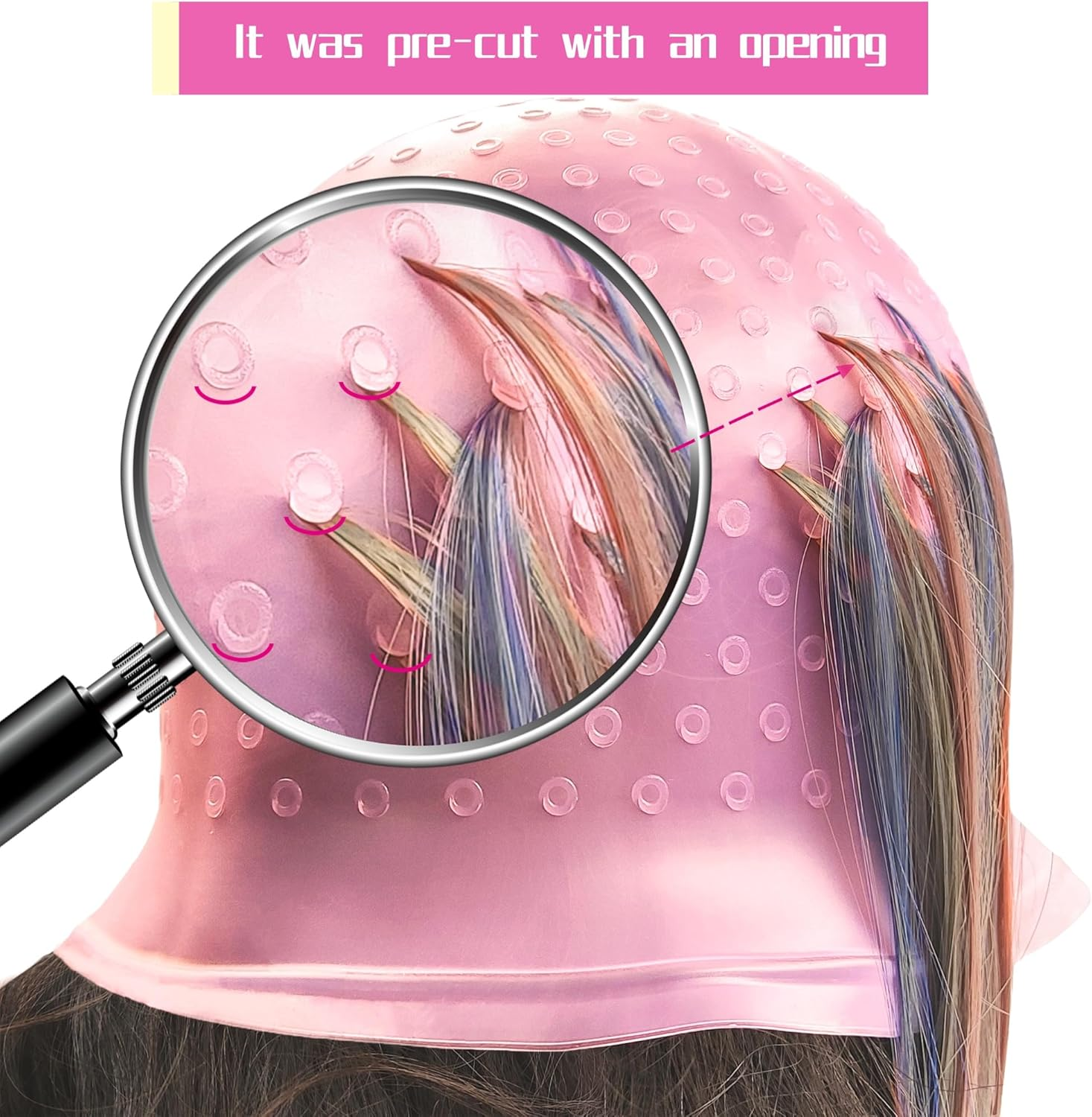9 Pcs Highlight Cap Kit, Silicone Highlighting Cap Hair Dye Cap with Holes Reusable Highlighting Cap with Hook for Home Salon Professional Hairdressing Dyeing Staining Tools Set for Women Men image number 5